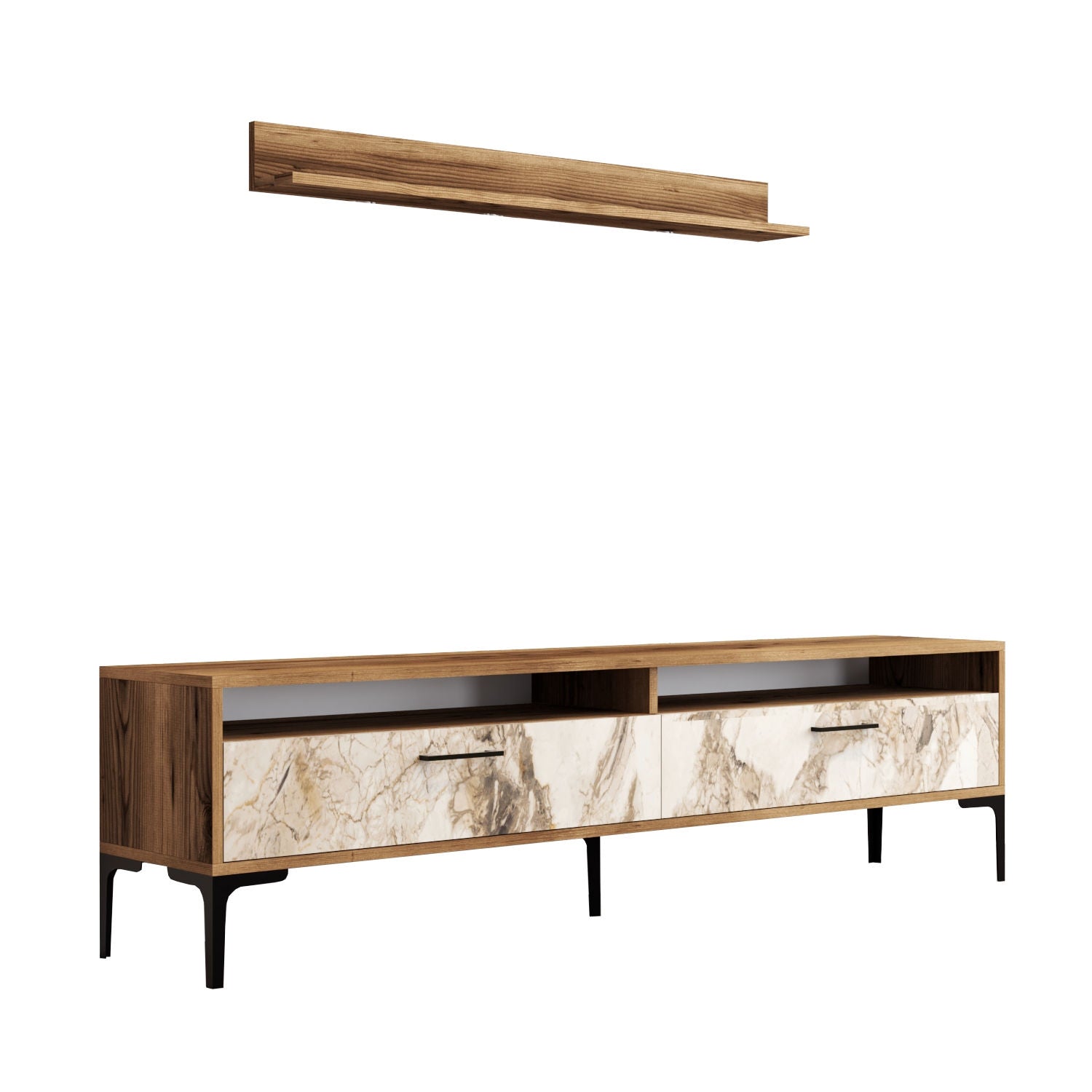 Móvel de TV moderno com prateleira de parede, nogueira e branco, 180 x 47 x 35 cm | 100% revestido em melamina, 18 mm de espessura, pés de metal, design elegante e funcional