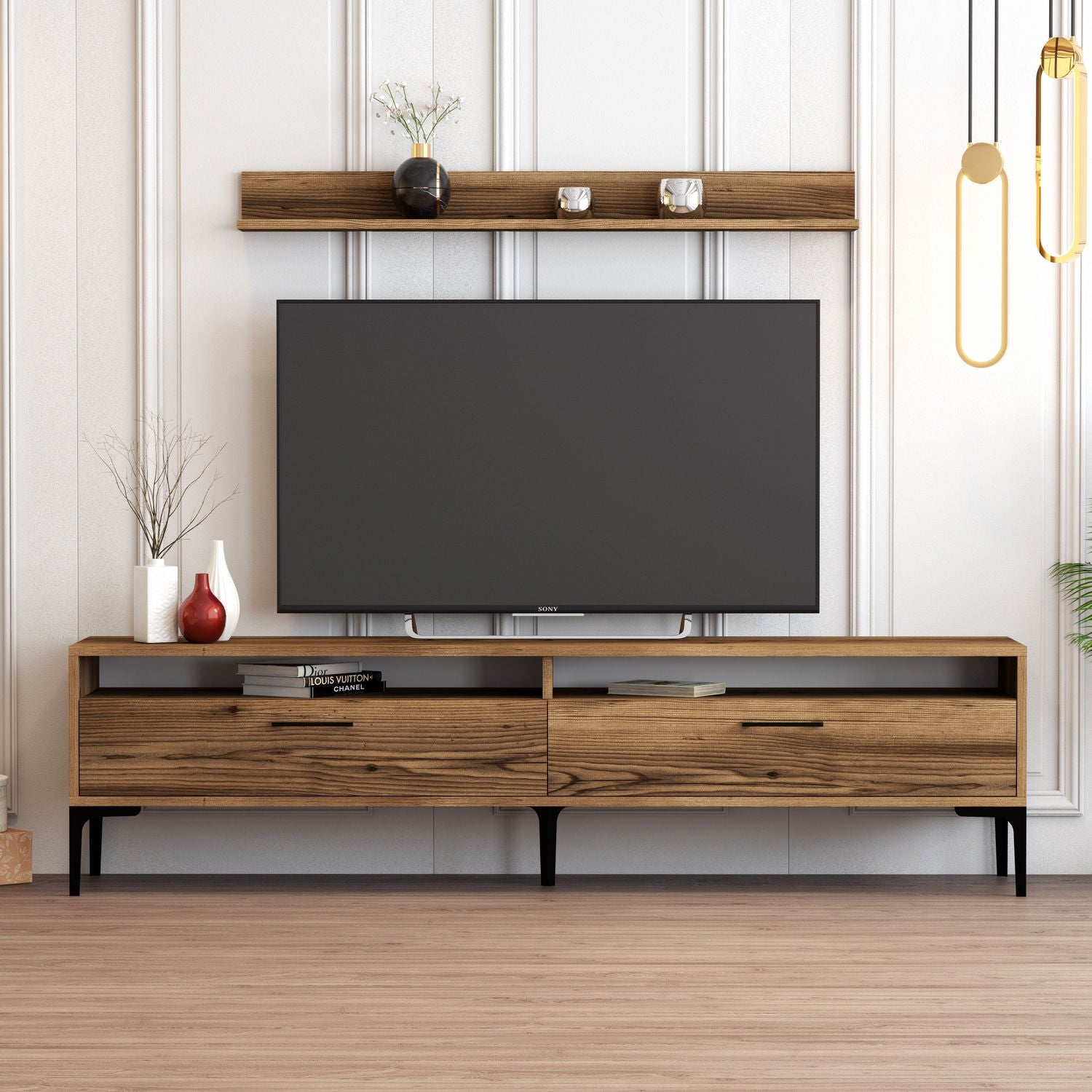 Móvel de TV moderno em nogueira com prateleira de parede, 180 cm | Painel de partículas 100% revestido em melamina, 18 mm de espessura | Pés de metal, puxador de plástico, design elegante e funcional