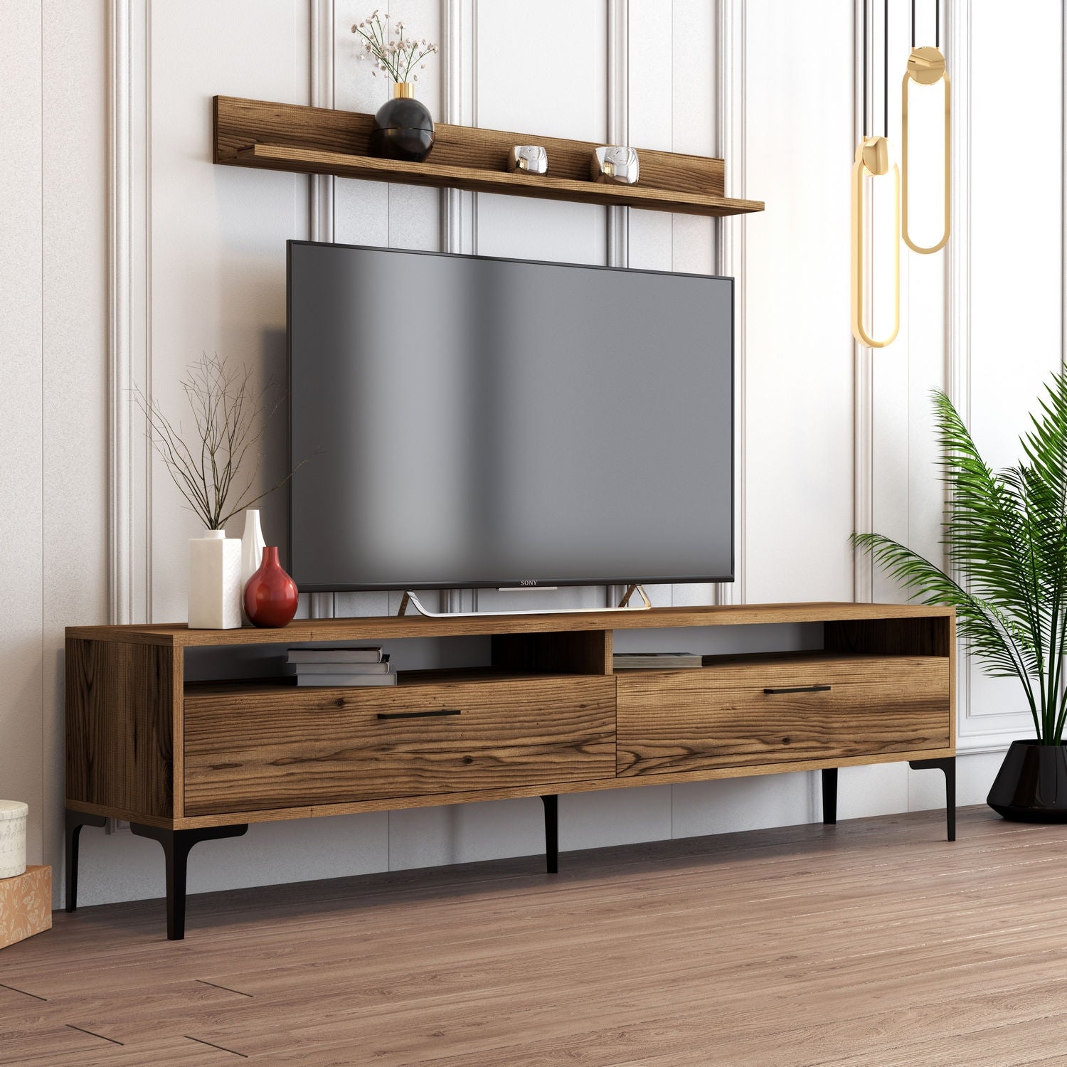 Móvel de TV moderno em nogueira com prateleira de parede, 180 cm | Painel de partículas 100% revestido em melamina, 18 mm de espessura | Pés de metal, puxador de plástico, design elegante e funcional
