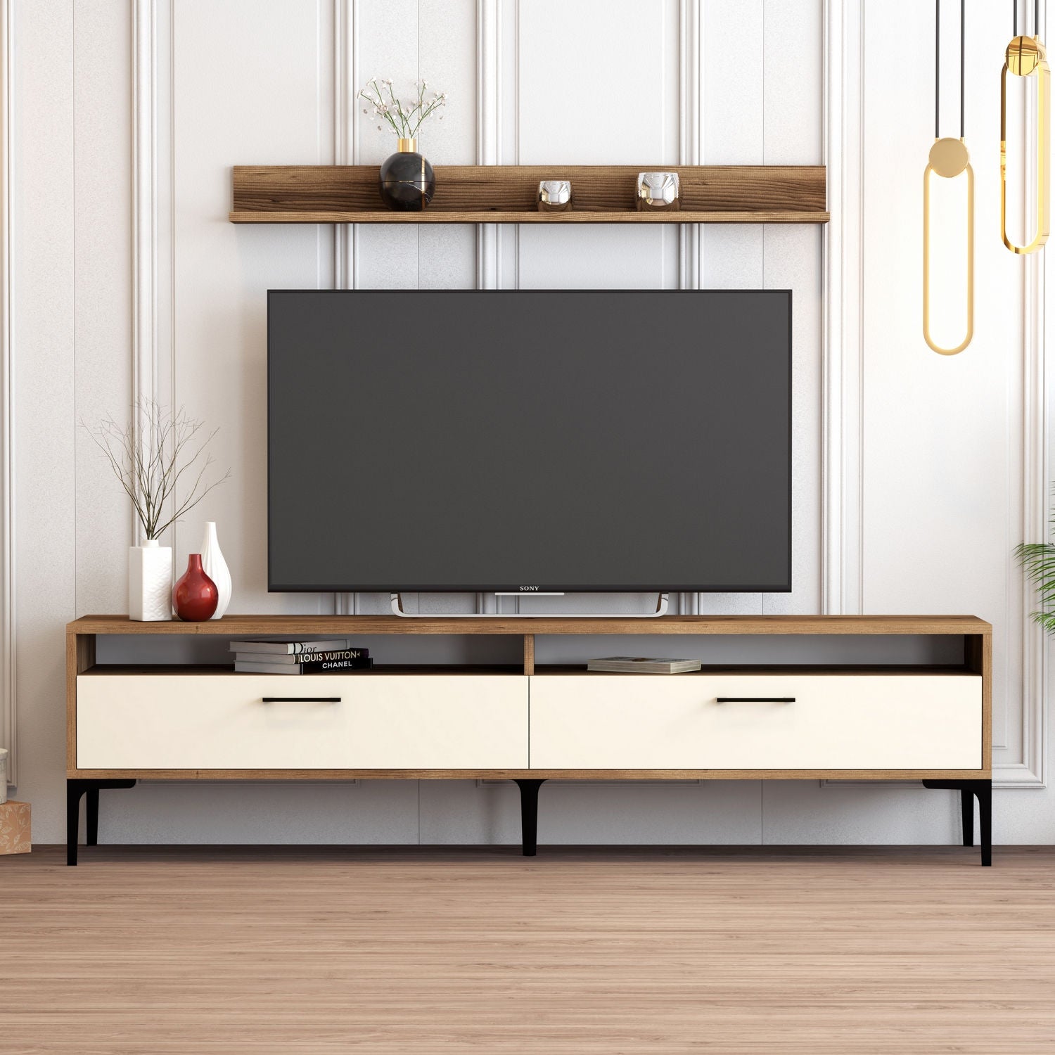 Móvel de TV moderno com prateleira de parede, nogueira e creme, 180 cm | 100% revestido em melamina, 18 mm de espessura | Pernas de metal elegantes e amplo espaço de armazenamento para espaços industriais