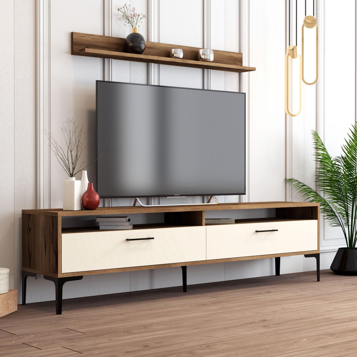 Móvel de TV moderno com prateleira de parede, nogueira e creme, 180 cm | 100% revestido em melamina, 18 mm de espessura | Pernas de metal elegantes e amplo espaço de armazenamento para espaços industriais