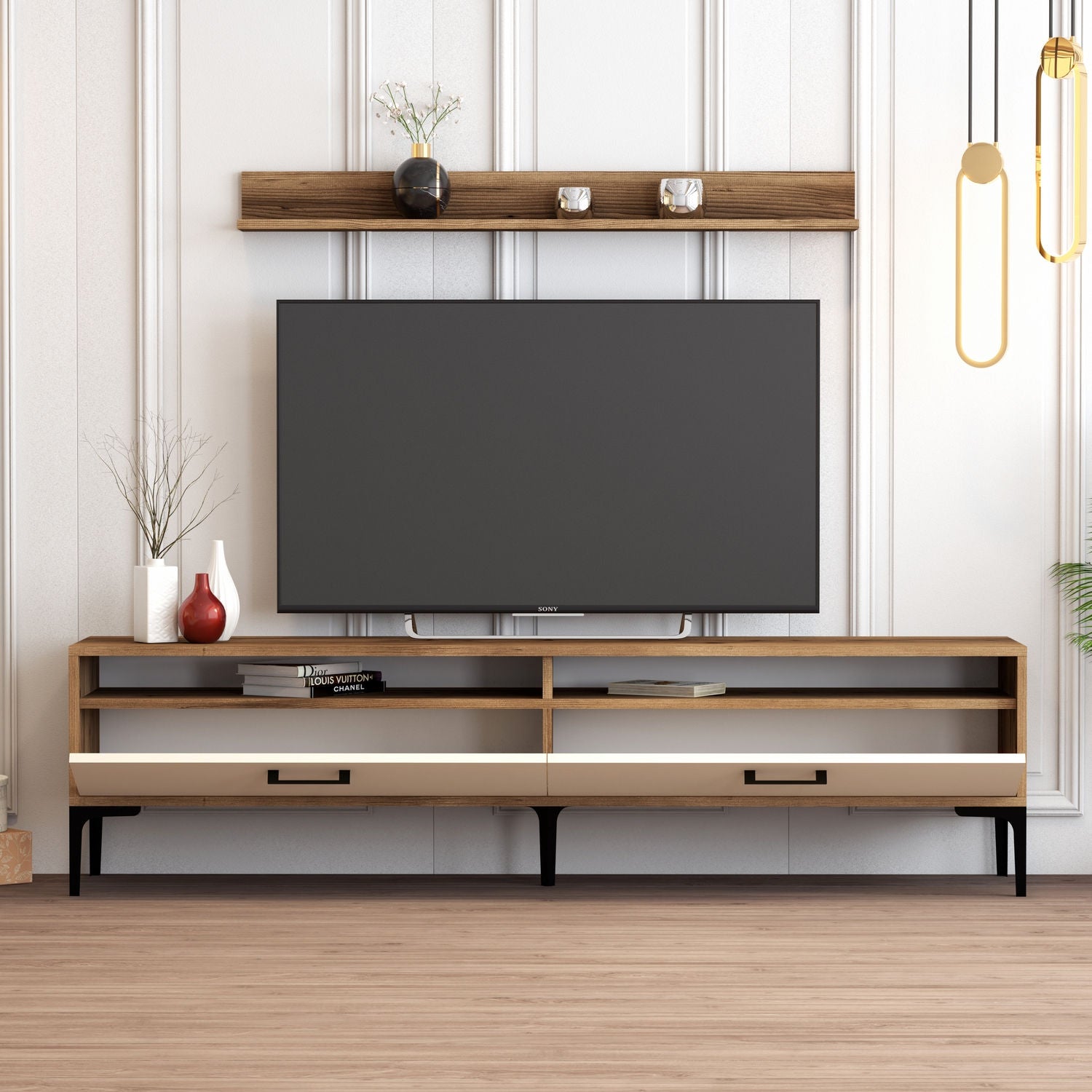 Móvel de TV moderno com prateleira de parede, nogueira e creme, 180 cm | 100% revestido em melamina, 18 mm de espessura | Pernas de metal elegantes e amplo espaço de armazenamento para espaços industriais