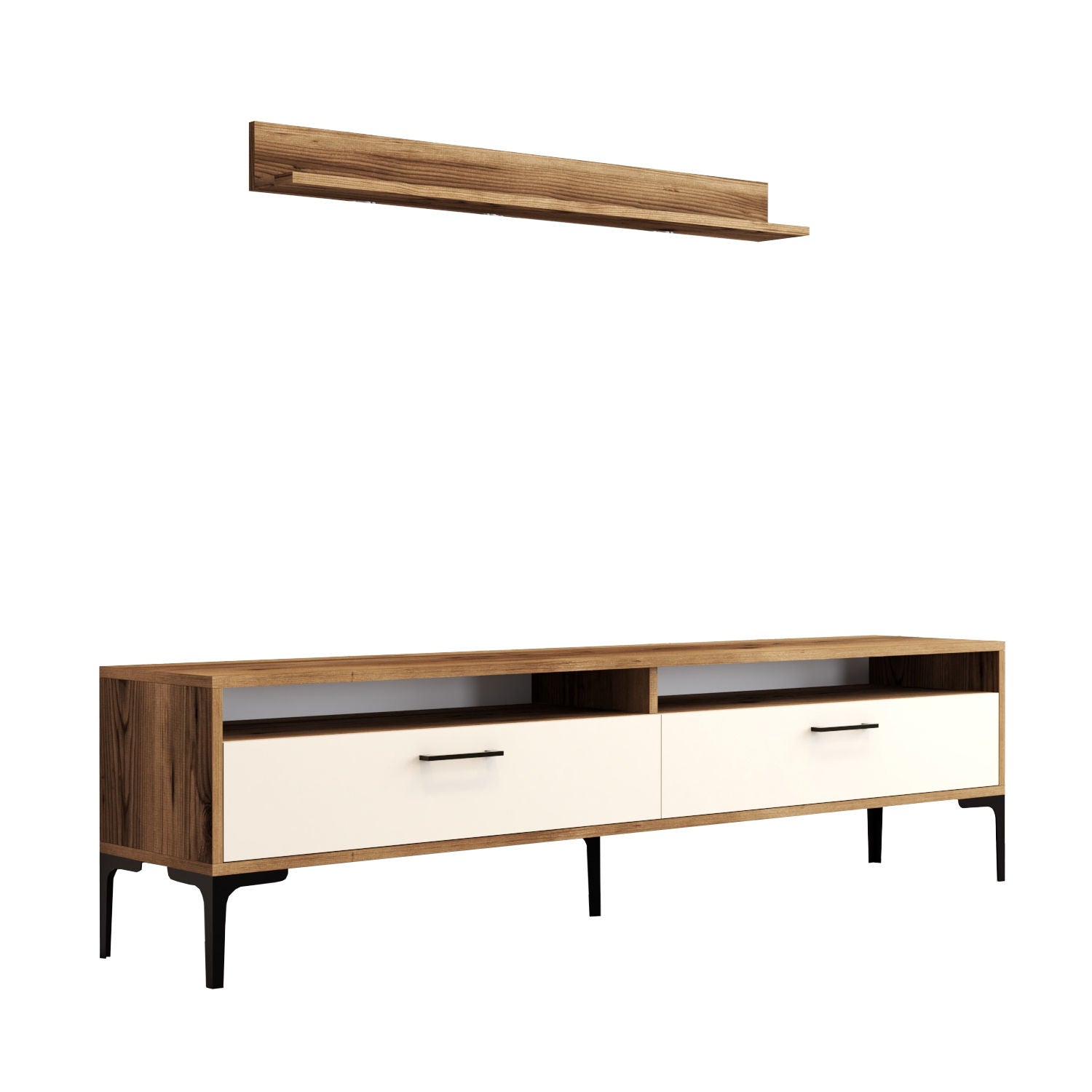 Móvel de TV moderno com prateleira de parede, nogueira e creme, 180 cm | 100% revestido em melamina, 18 mm de espessura | Pernas de metal elegantes e amplo espaço de armazenamento para espaços industriais