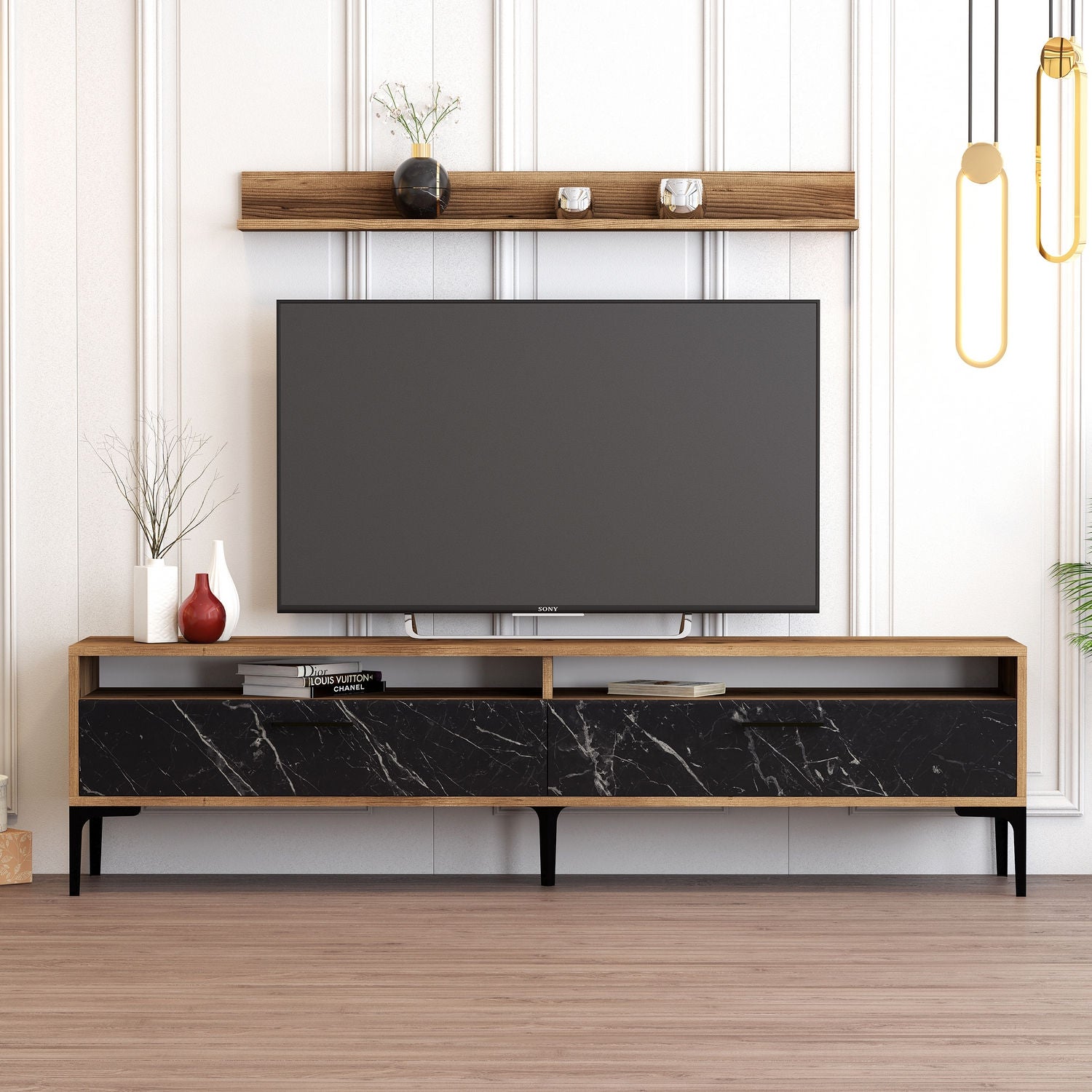 Móvel de TV moderno com prateleira de parede, nogueira e preto, 180 x 47 x 35 cm | 100% revestido em melamina, 18 mm de espessura, pés de metal, design elegante e funcional