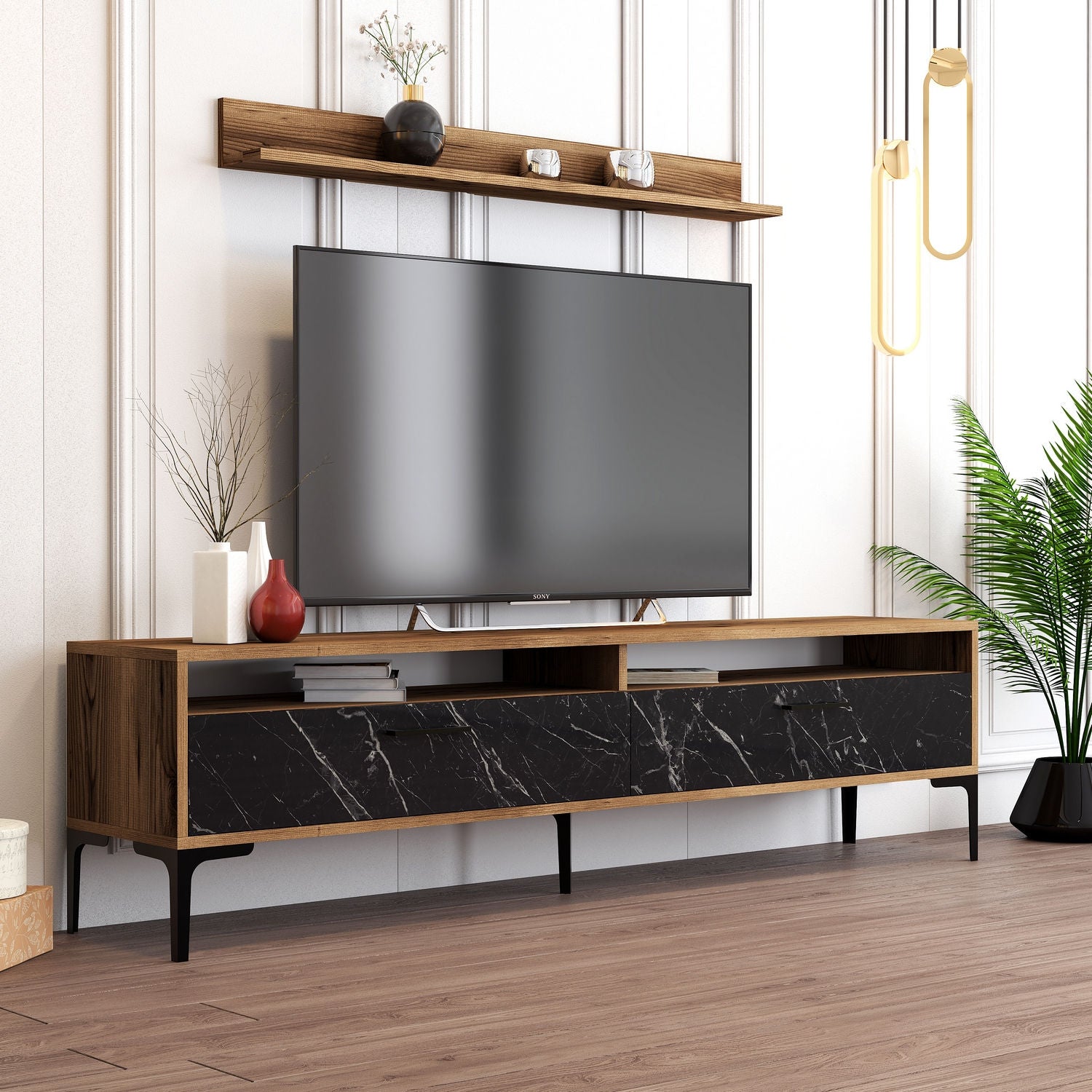 Móvel de TV moderno com prateleira de parede, nogueira e preto, 180 x 47 x 35 cm | 100% revestido em melamina, 18 mm de espessura, pés de metal, design elegante e funcional