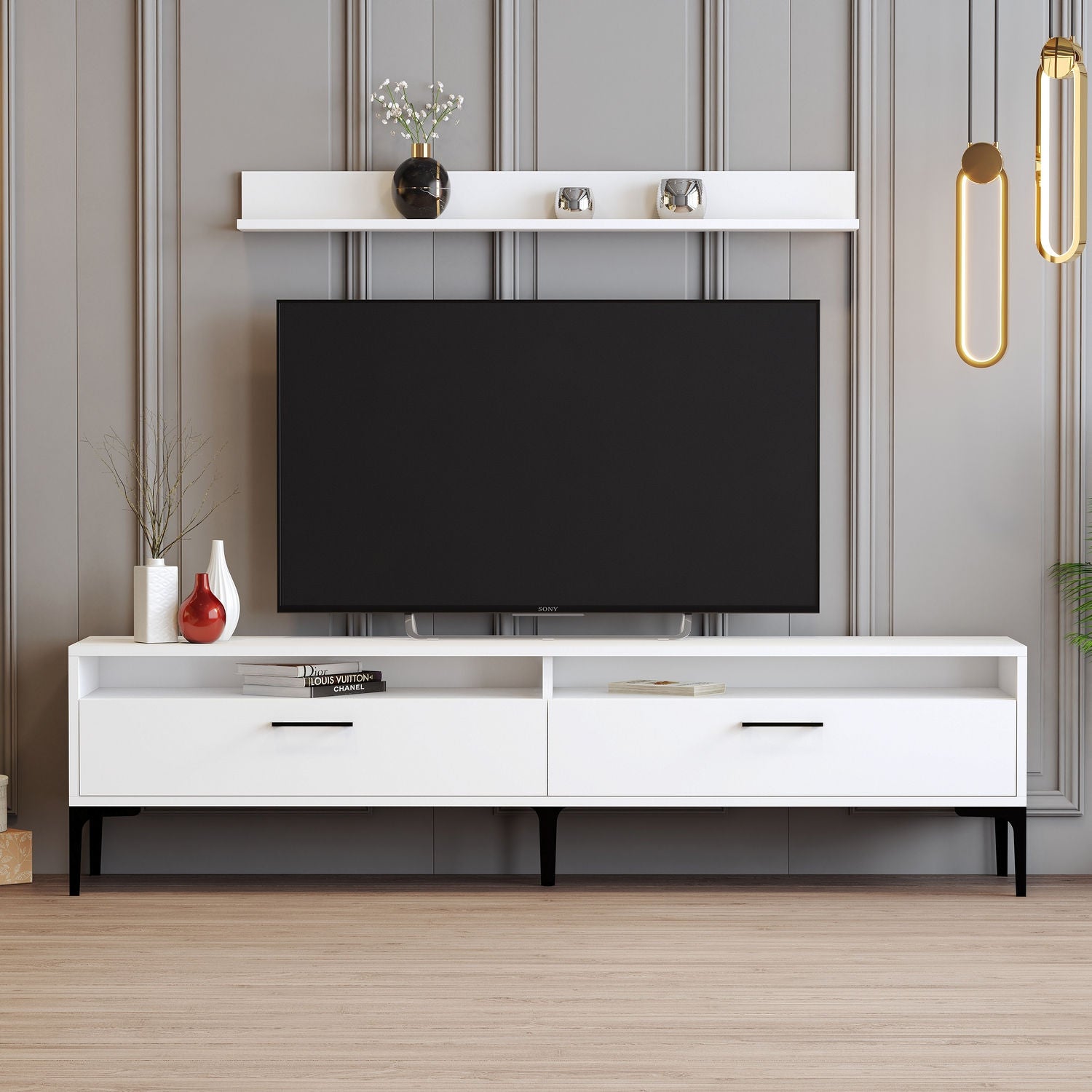 Móvel de TV moderno branco com prateleira de parede, 180 cm de largura, 100% revestido em melamina, 18 mm de espessura, pés de metal, várias prateleiras, design elegante e funcional