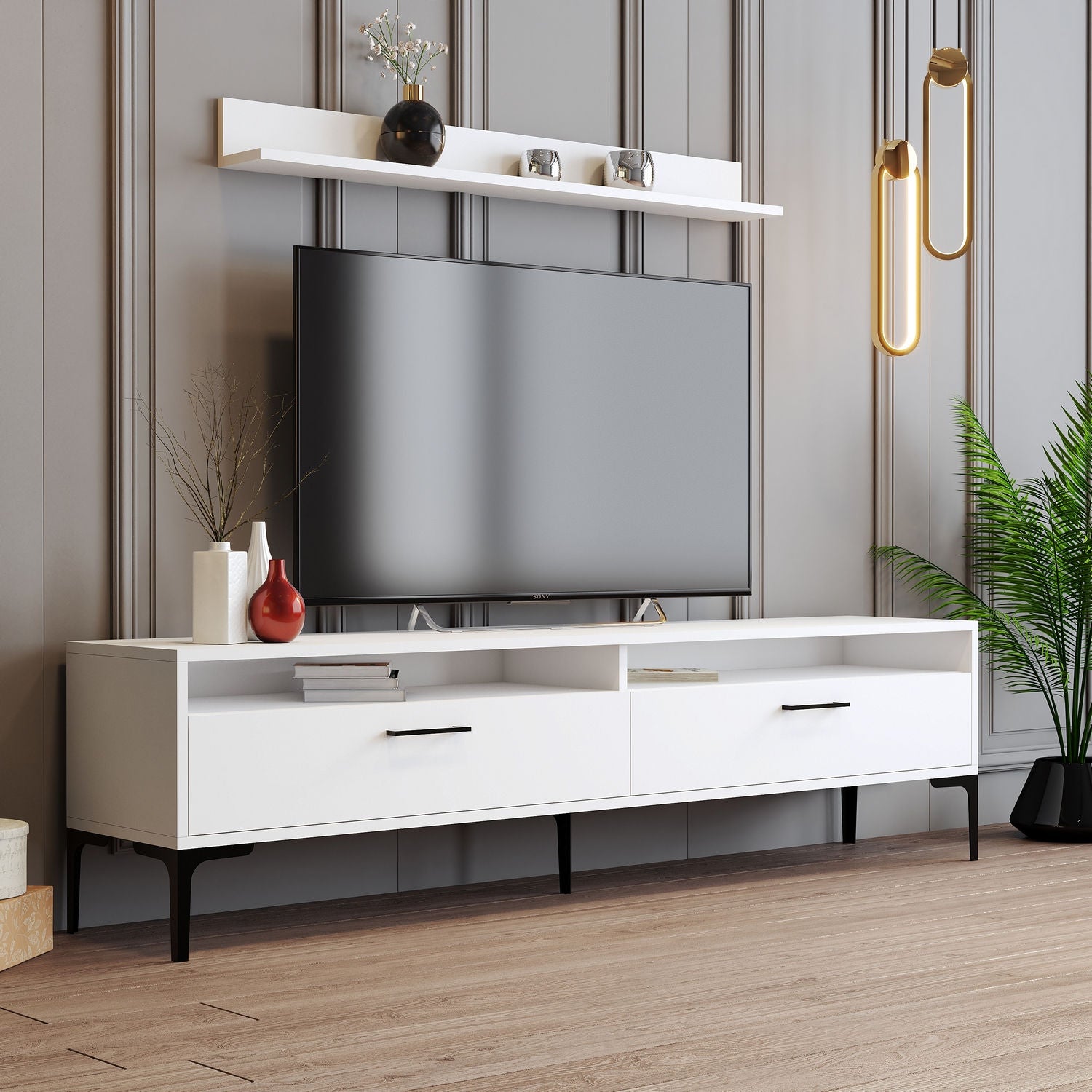 Móvel de TV moderno branco com prateleira de parede, 180 cm de largura, 100% revestido em melamina, 18 mm de espessura, pés de metal, várias prateleiras, design elegante e funcional