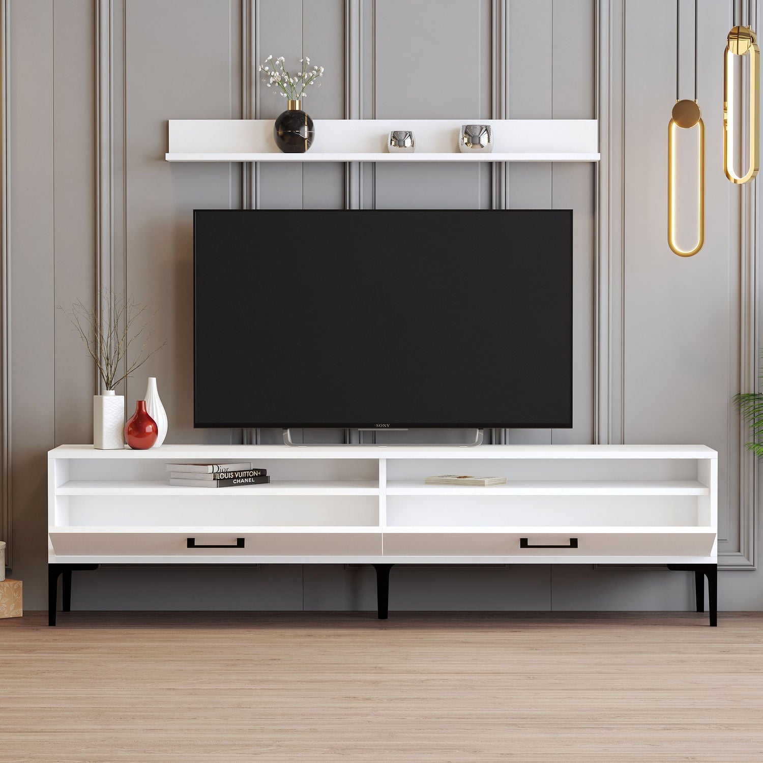 Móvel de TV moderno branco com prateleira de parede, 180 cm de largura, 100% revestido em melamina, 18 mm de espessura, pés de metal, várias prateleiras, design elegante e funcional