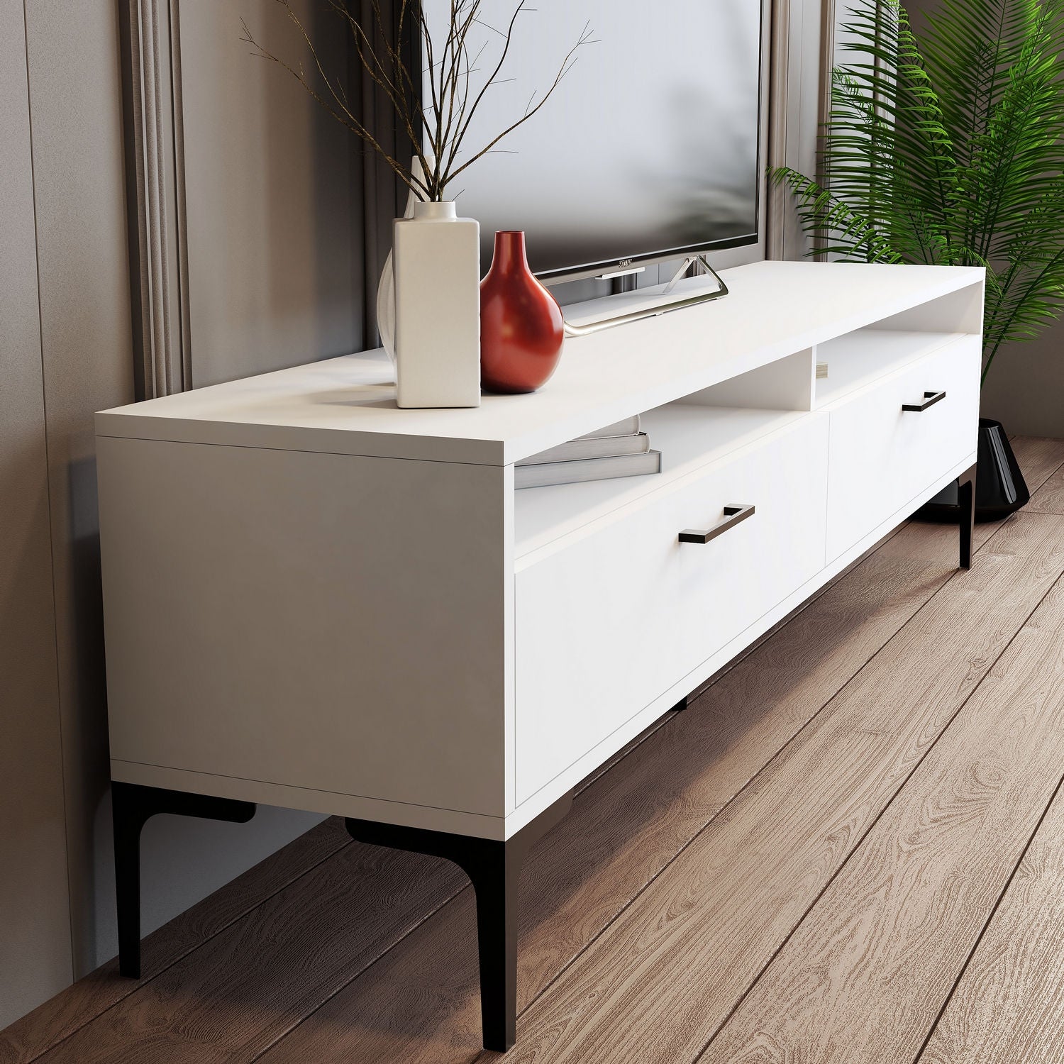 Móvel de TV moderno branco com prateleira de parede, 180 cm de largura, 100% revestido em melamina, 18 mm de espessura, pés de metal, várias prateleiras, design elegante e funcional