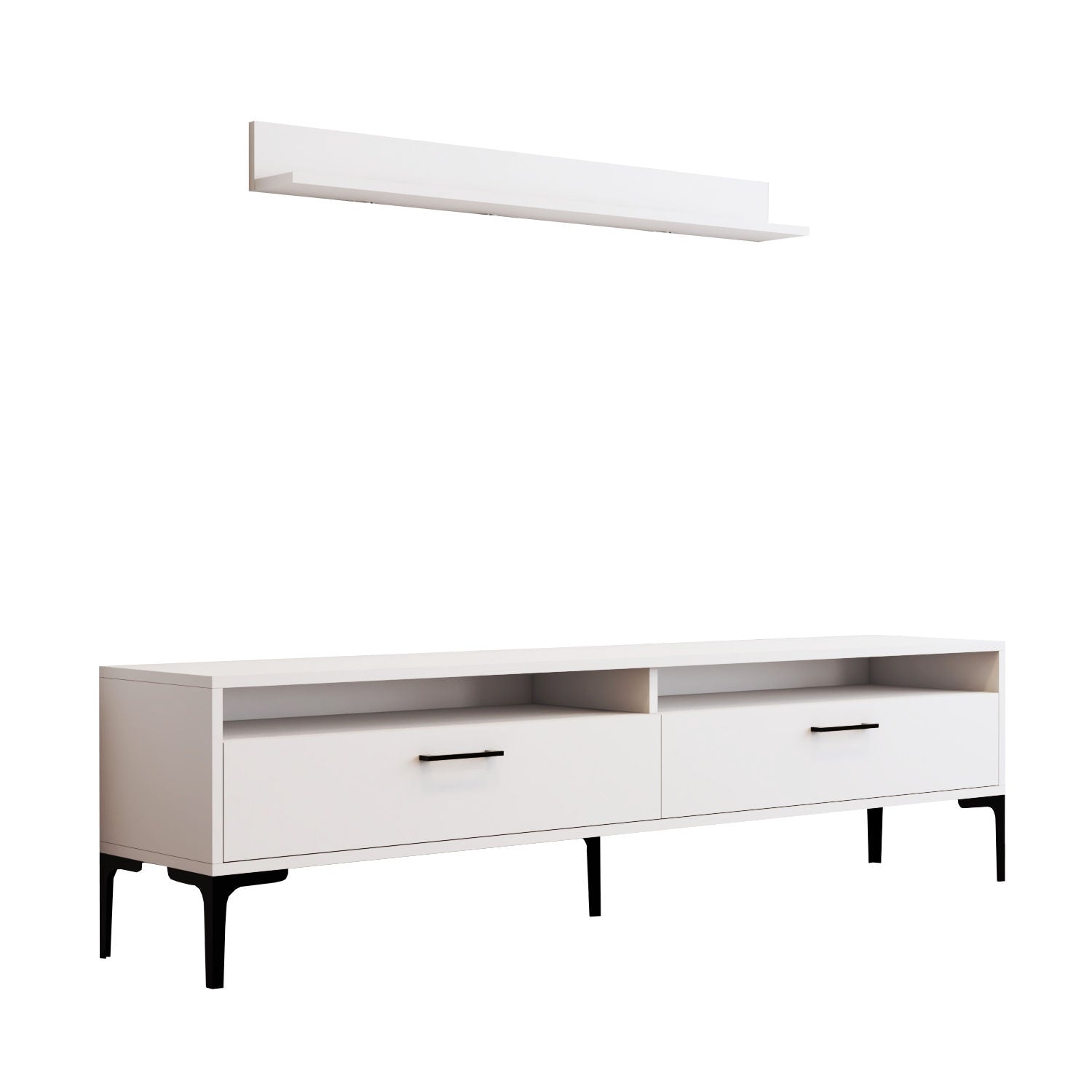 Móvel de TV moderno branco com prateleira de parede, 180 cm de largura, 100% revestido em melamina, 18 mm de espessura, pés de metal, várias prateleiras, design elegante e funcional