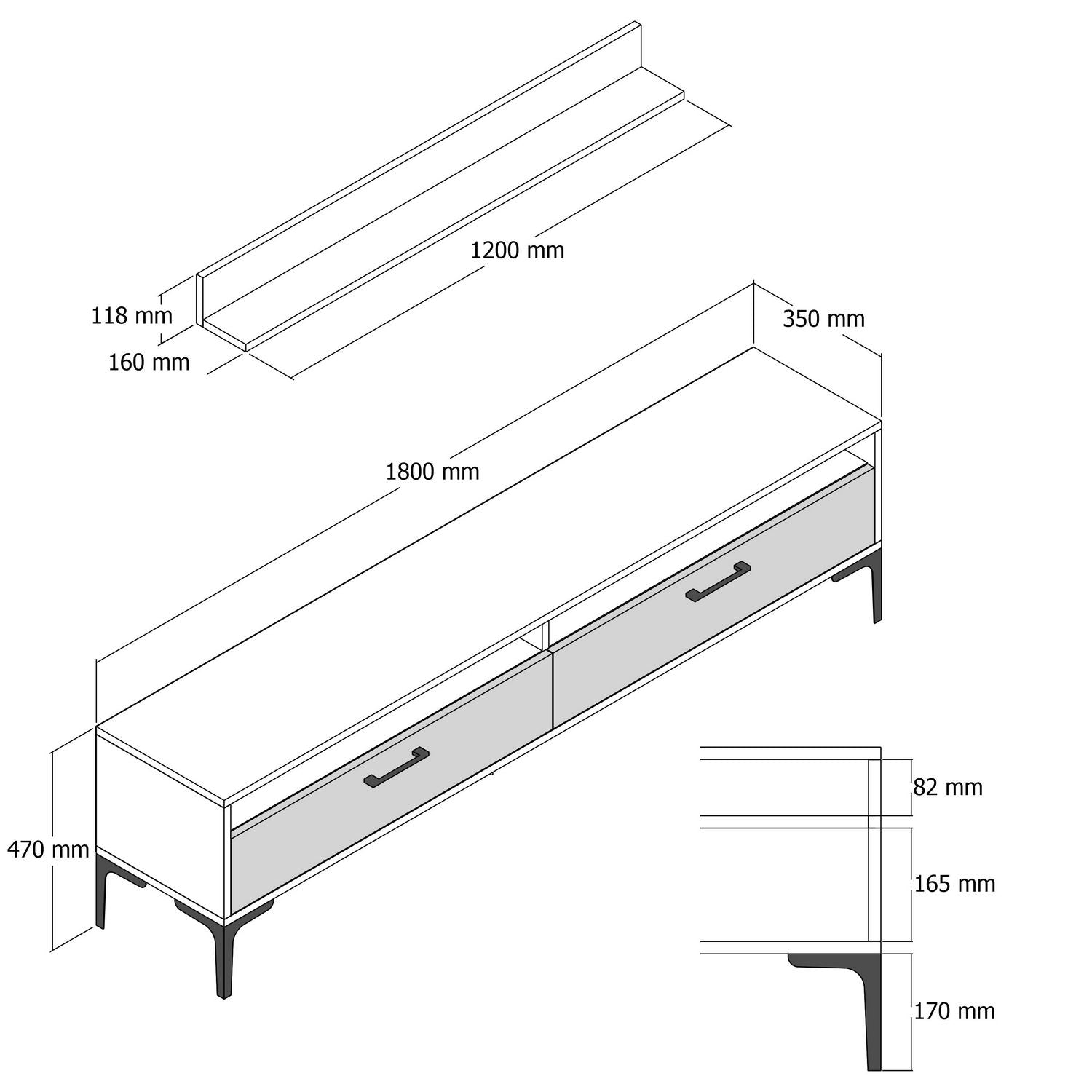 Móvel de TV moderno branco com prateleira de parede, 180 cm de largura, 100% revestido em melamina, 18 mm de espessura, pés de metal, várias prateleiras, design elegante e funcional