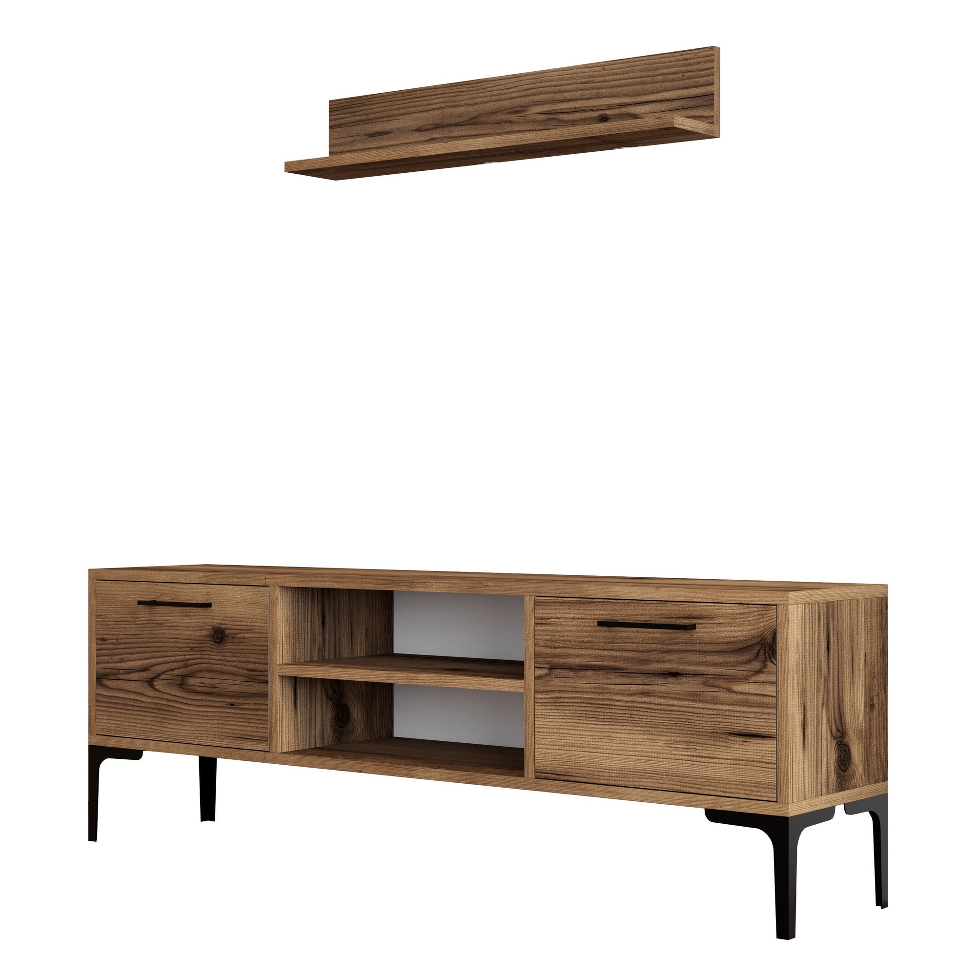 Móvel de TV elegante em nogueira com pés de metal, 140 cm de largura | Painel de partículas 100% revestido em melamina, 18 mm de espessura | Inclui prateleira de parede e diversas opções de armazenamento