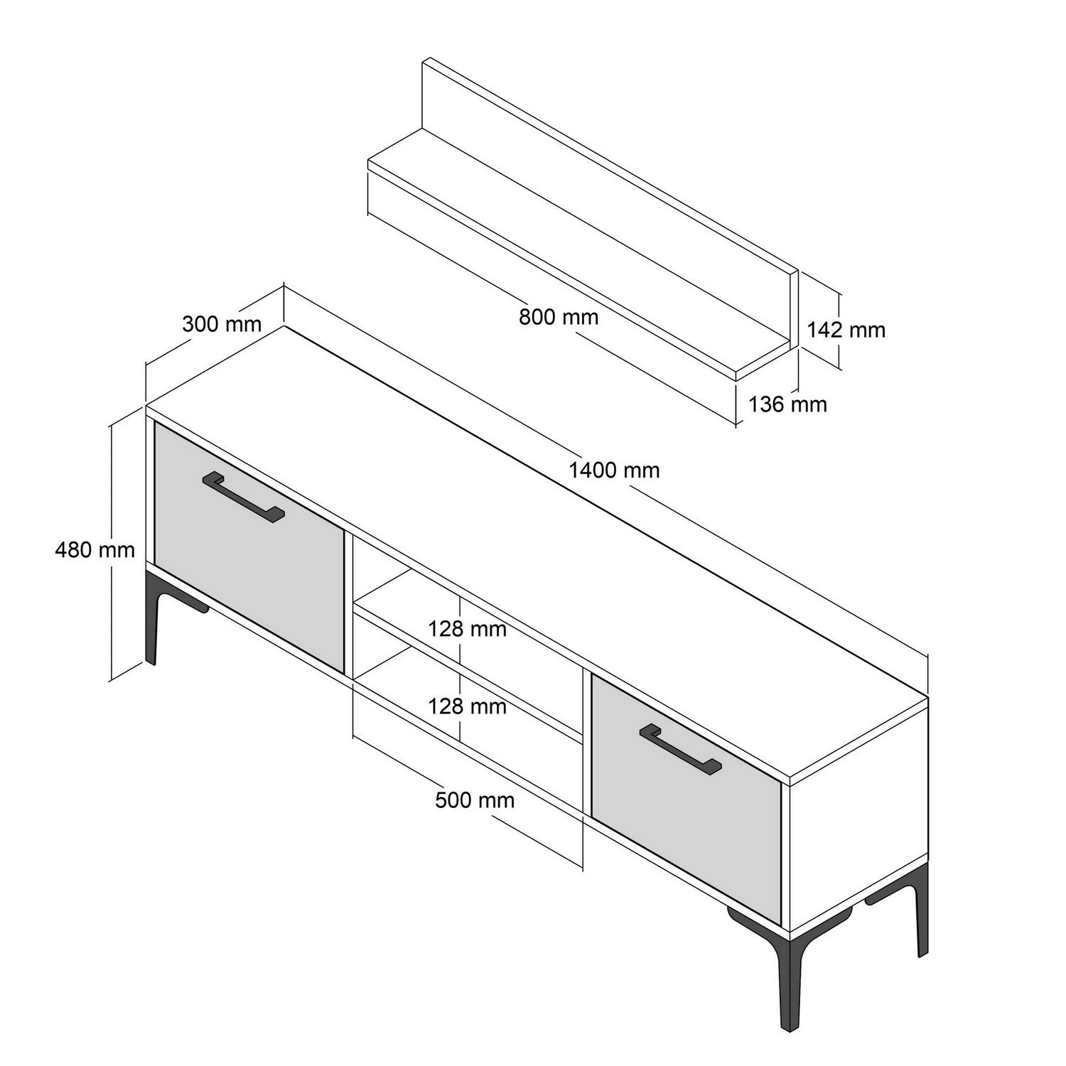 Móvel de TV elegante em nogueira com pés de metal, 140 cm de largura | Painel de partículas 100% revestido em melamina, 18 mm de espessura | Inclui prateleira de parede e diversas opções de armazenamento