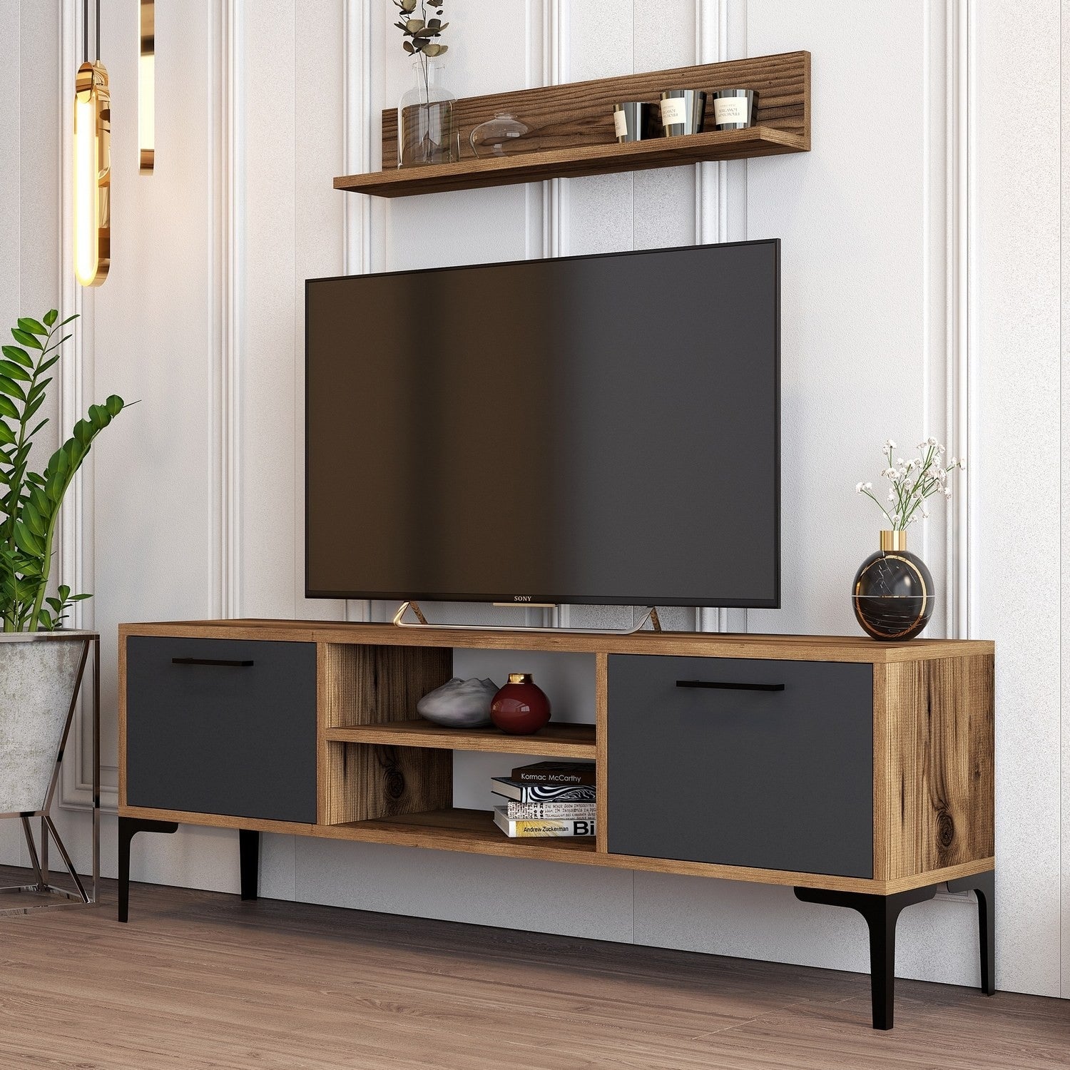 Móvel de TV elegante com prateleira de parede, nogueira e antracite, 140 cm de largura | 100% revestido em melamina, 18 mm de espessura | Pés de metal, puxador de plástico, várias prateleiras