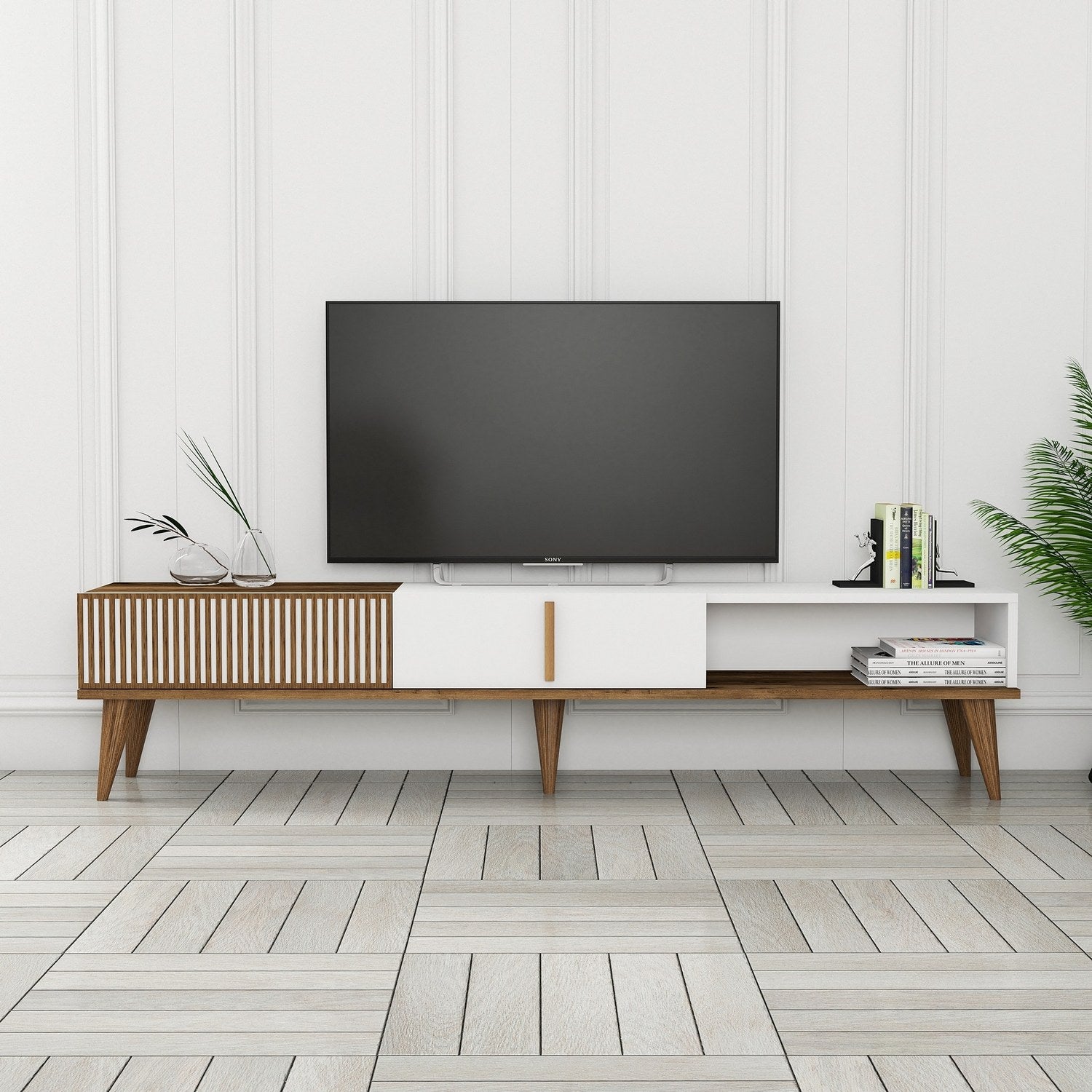 Suporte de TV elegante, nogueira e branco, 180 x 40 x 35 cm | Painel de partículas 100% revestido de melamina, 18 mm de espessura | Montável na parede, pernas de plástico, capacidade de 30 kg