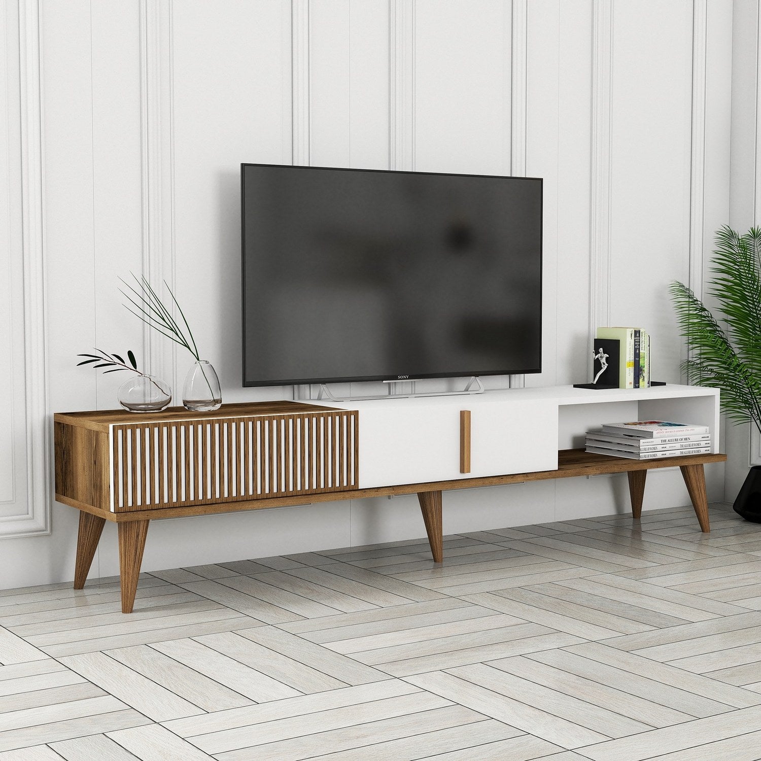 Suporte de TV elegante, nogueira e branco, 180 x 40 x 35 cm | Painel de partículas 100% revestido de melamina, 18 mm de espessura | Montável na parede, pernas de plástico, capacidade de 30 kg