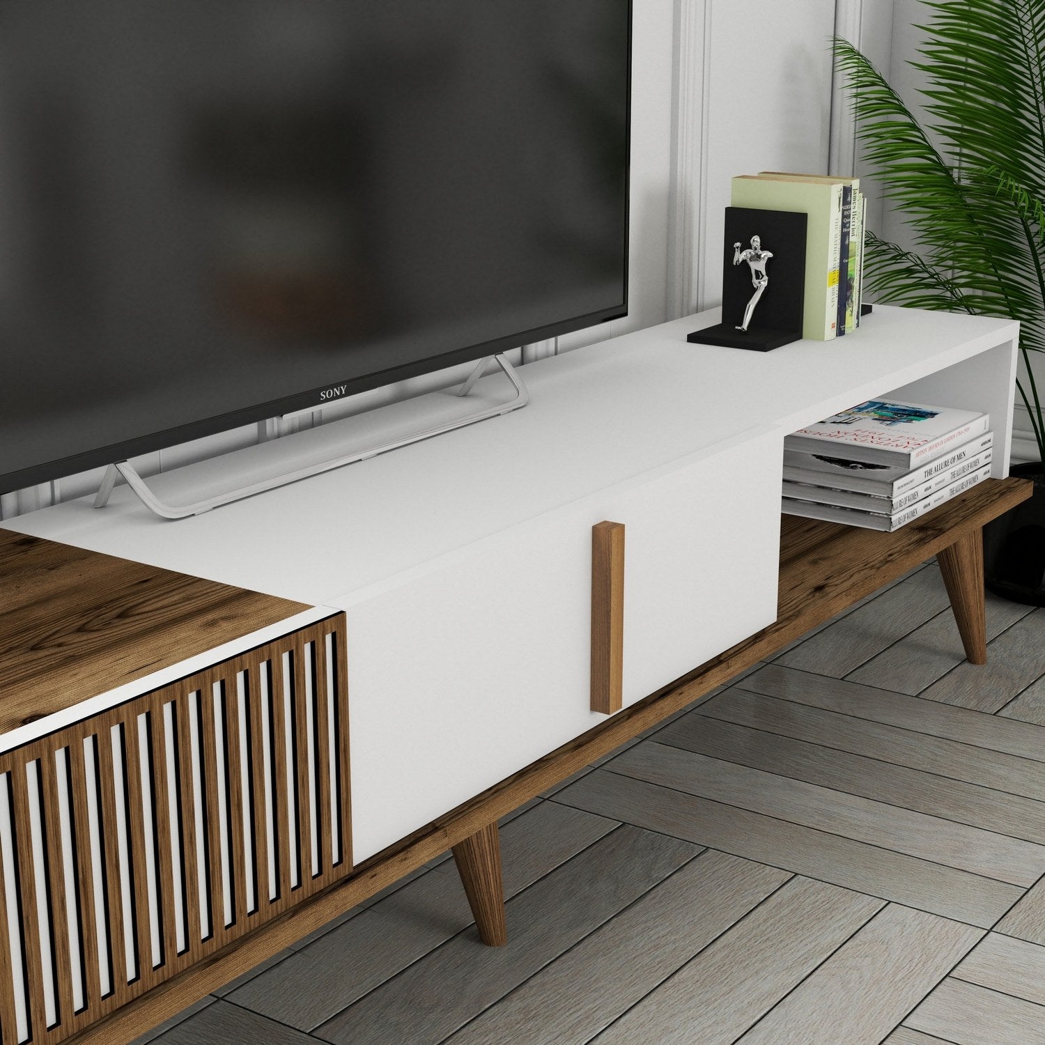 Suporte de TV elegante, nogueira e branco, 180 x 40 x 35 cm | Painel de partículas 100% revestido de melamina, 18 mm de espessura | Montável na parede, pernas de plástico, capacidade de 30 kg