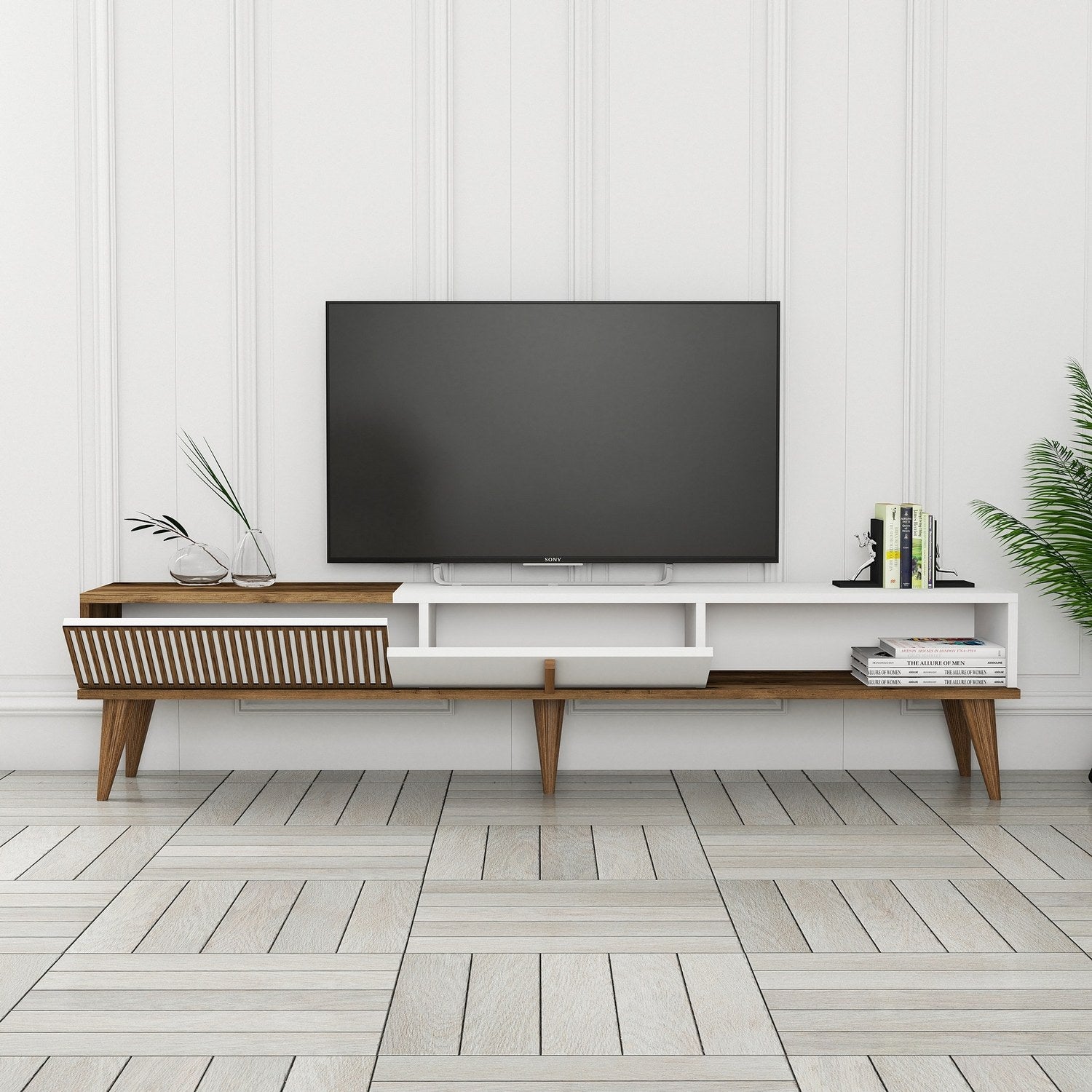 Suporte de TV elegante, nogueira e branco, 180 x 40 x 35 cm | Painel de partículas 100% revestido de melamina, 18 mm de espessura | Montável na parede, pernas de plástico, capacidade de 30 kg