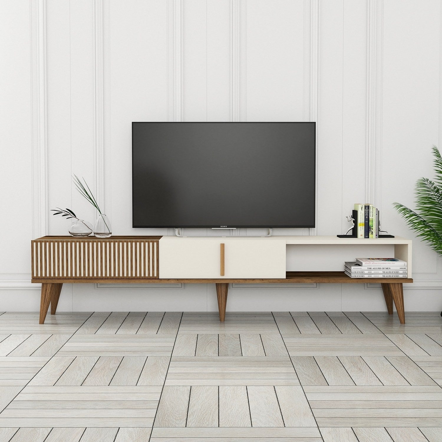 Suporte de TV elegante, nogueira e creme, 180 x 40 x 35 cm | Painel de partículas 100% revestido de melamina, 18 mm de espessura | Montável na parede, pernas de plástico, capacidade de 30 kg