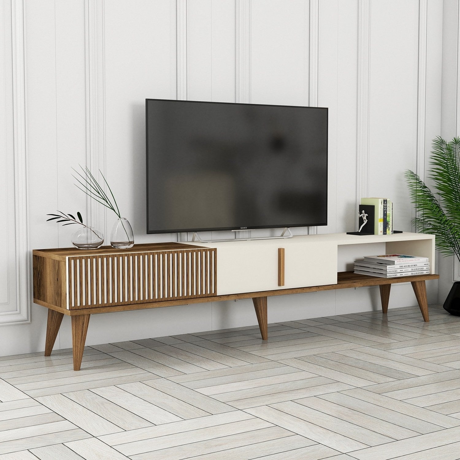 Suporte de TV elegante, nogueira e creme, 180 x 40 x 35 cm | Painel de partículas 100% revestido de melamina, 18 mm de espessura | Montável na parede, pernas de plástico, capacidade de 30 kg