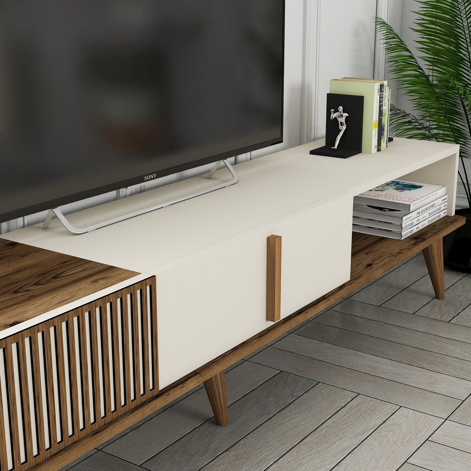 Suporte de TV elegante, nogueira e creme, 180 x 40 x 35 cm | Painel de partículas 100% revestido de melamina, 18 mm de espessura | Montável na parede, pernas de plástico, capacidade de 30 kg