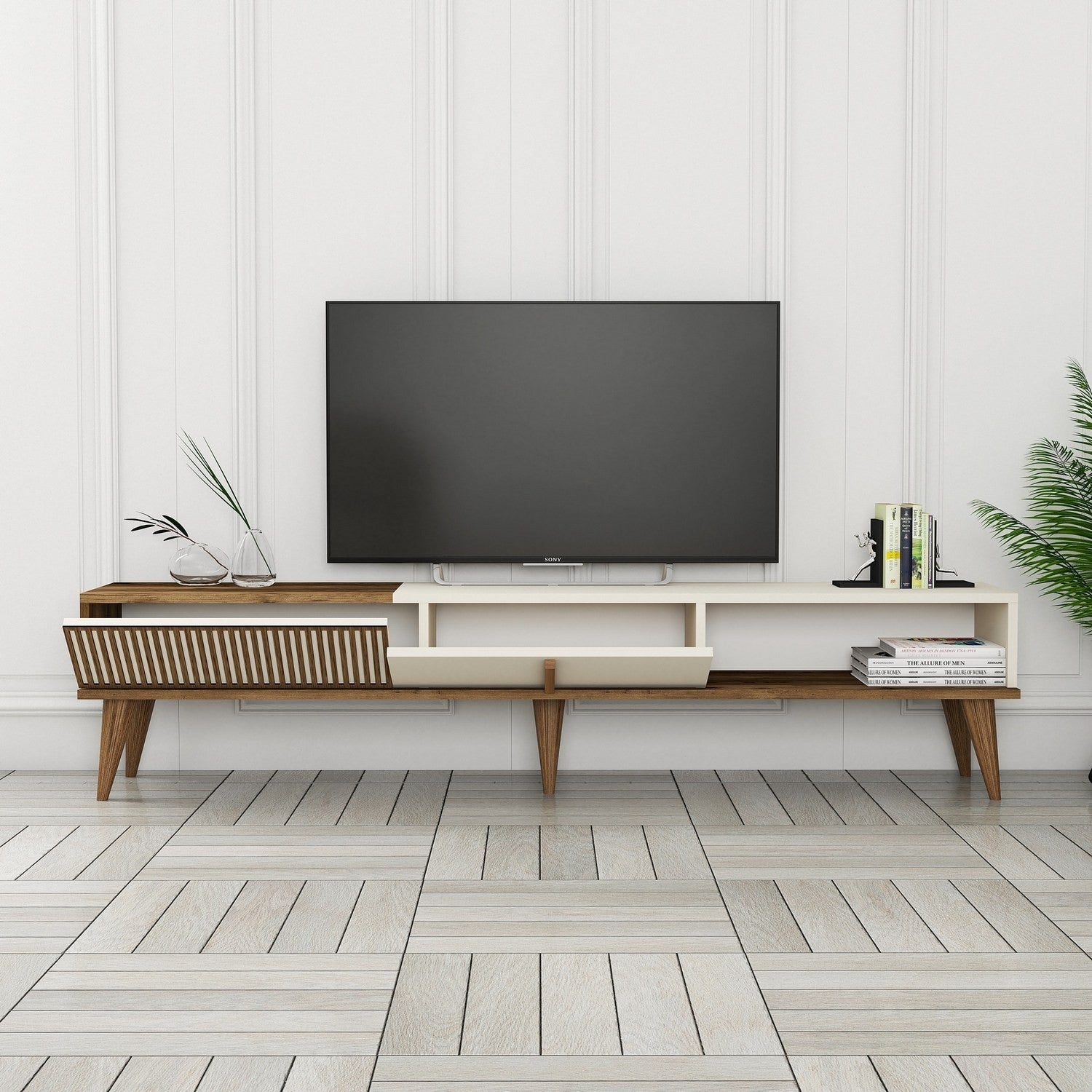 Suporte de TV elegante, nogueira e creme, 180 x 40 x 35 cm | Painel de partículas 100% revestido de melamina, 18 mm de espessura | Montável na parede, pernas de plástico, capacidade de 30 kg