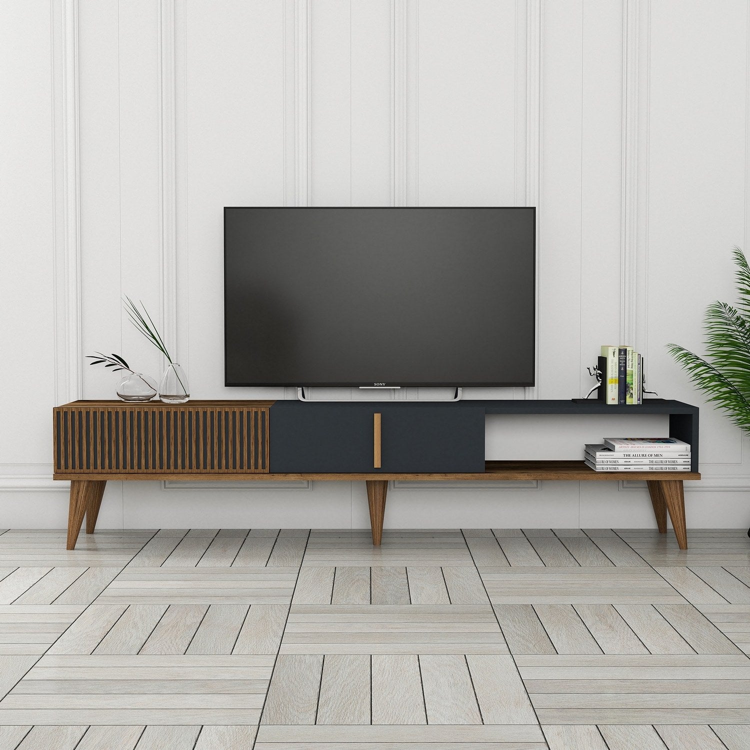 Suporte de TV elegante, nogueira e antracite, 180 x 40 x 35 cm | Painel de partículas 100% revestido de melamina, 18 mm de espessura | Montável na parede, pernas de plástico duráveis, capacidade de 30 kg