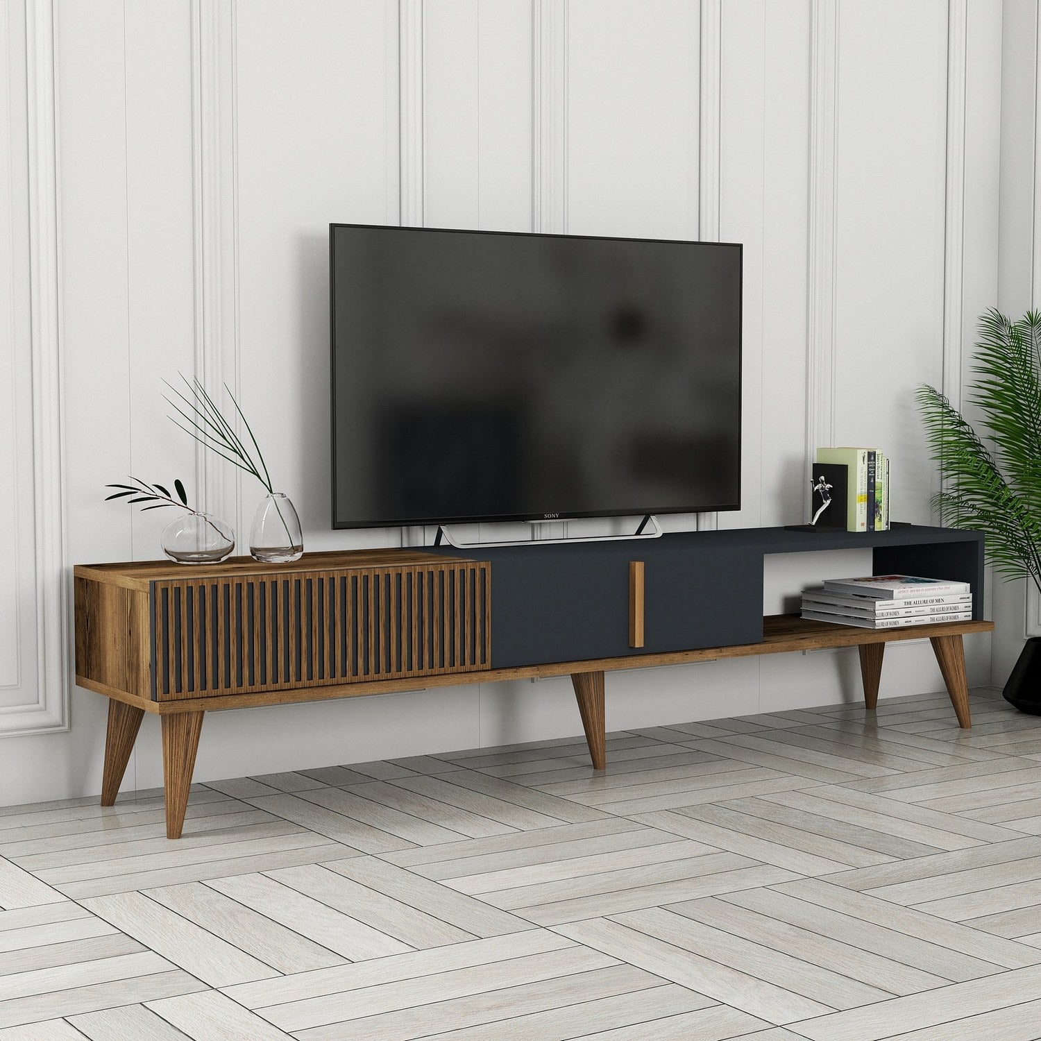Suporte de TV elegante, nogueira e antracite, 180 x 40 x 35 cm | Painel de partículas 100% revestido de melamina, 18 mm de espessura | Montável na parede, pernas de plástico duráveis, capacidade de 30 kg