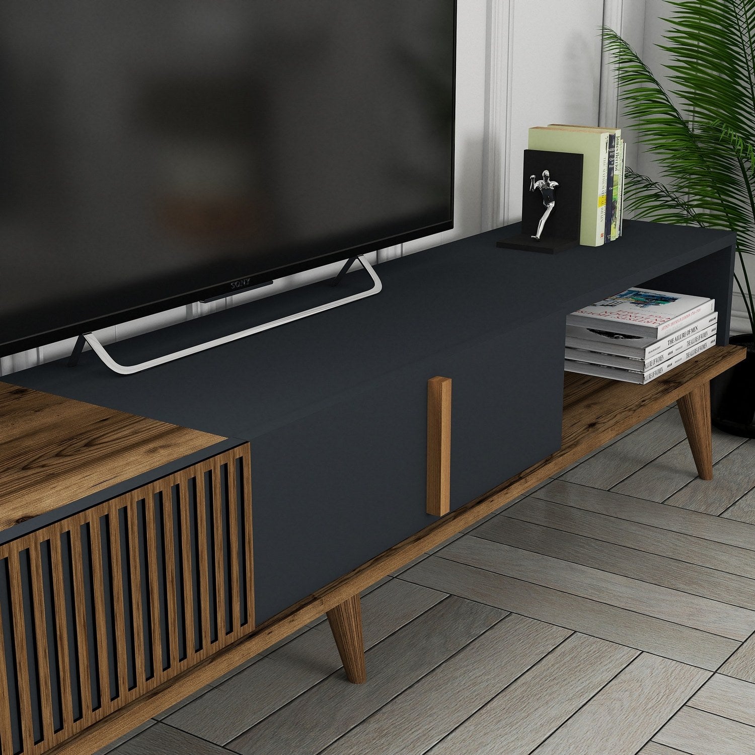 Suporte de TV elegante, nogueira e antracite, 180 x 40 x 35 cm | Painel de partículas 100% revestido de melamina, 18 mm de espessura | Montável na parede, pernas de plástico duráveis, capacidade de 30 kg