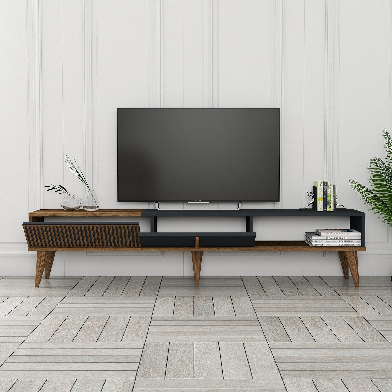 Suporte de TV elegante, nogueira e antracite, 180 x 40 x 35 cm | Painel de partículas 100% revestido de melamina, 18 mm de espessura | Montável na parede, pernas de plástico duráveis, capacidade de 30 kg