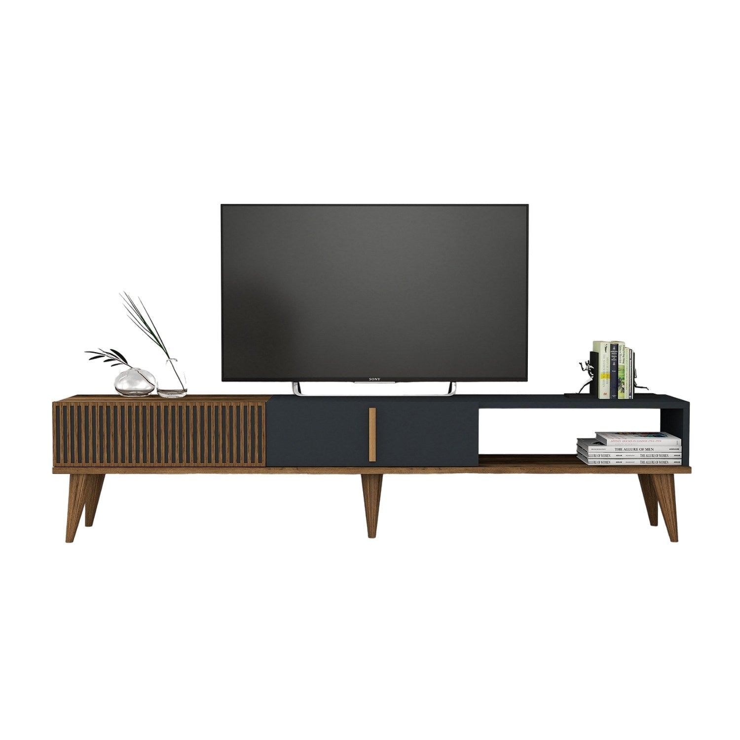 Suporte de TV elegante, nogueira e antracite, 180 x 40 x 35 cm | Painel de partículas 100% revestido de melamina, 18 mm de espessura | Montável na parede, pernas de plástico duráveis, capacidade de 30 kg