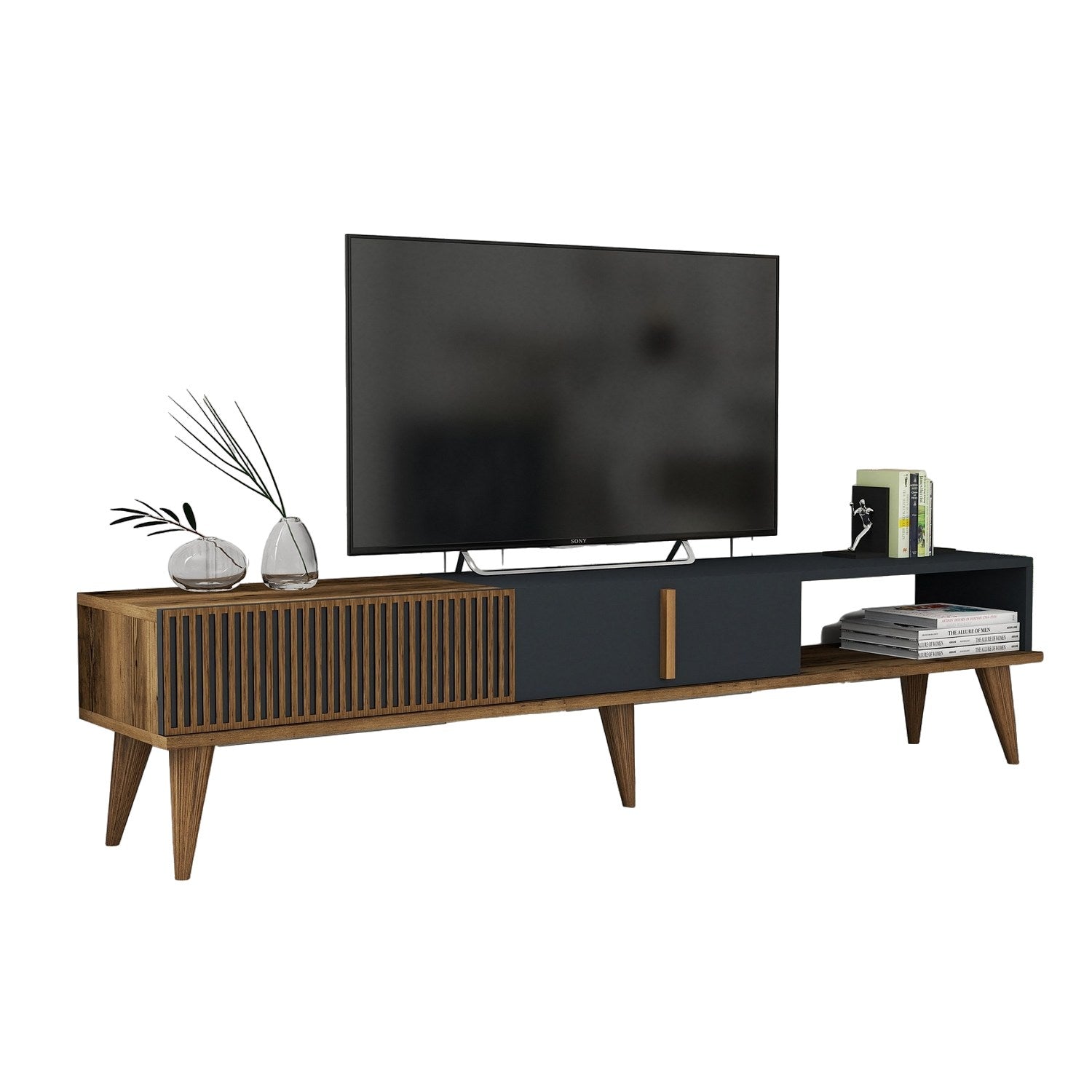 Suporte de TV elegante, nogueira e antracite, 180 x 40 x 35 cm | Painel de partículas 100% revestido de melamina, 18 mm de espessura | Montável na parede, pernas de plástico duráveis, capacidade de 30 kg