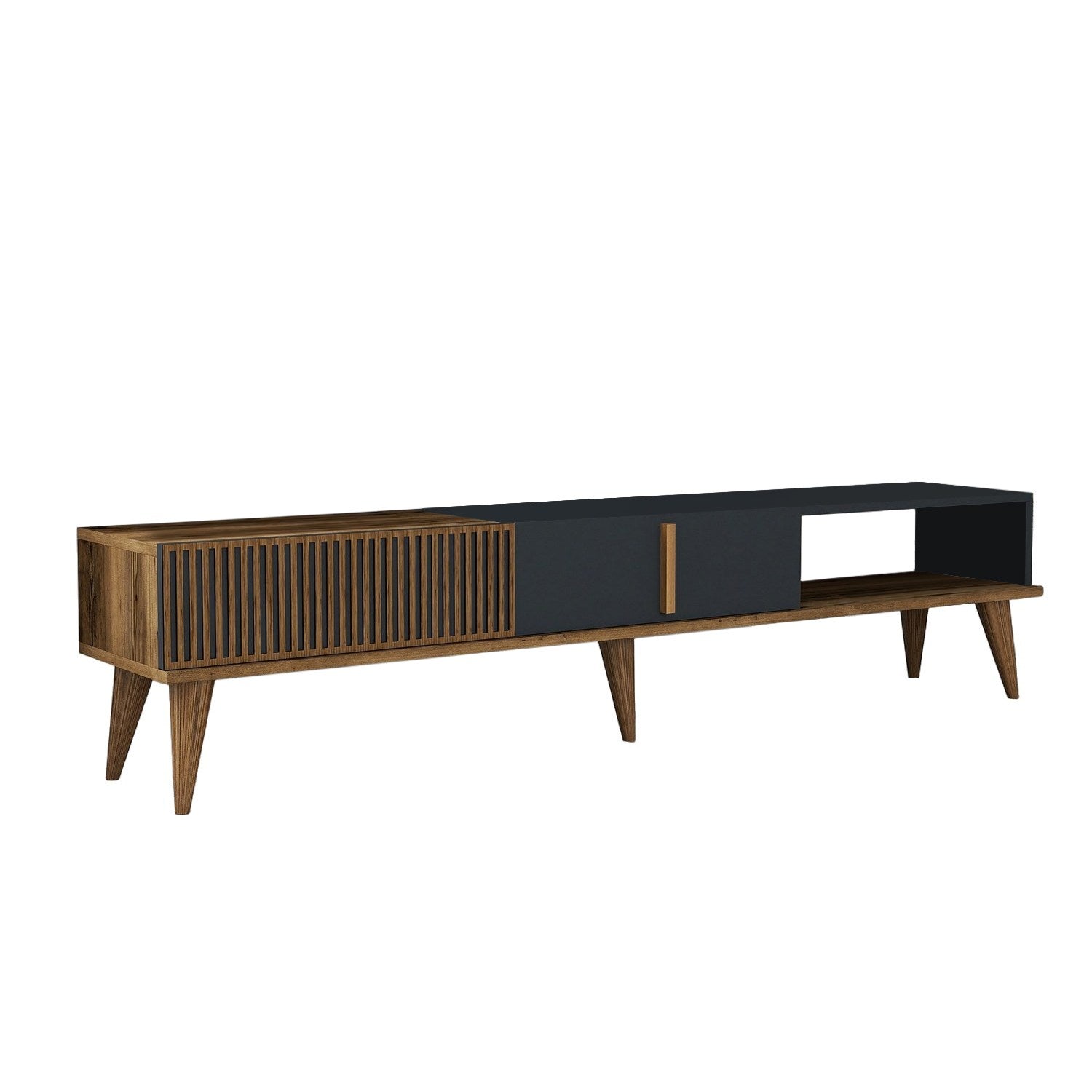 Suporte de TV elegante, nogueira e antracite, 180 x 40 x 35 cm | Painel de partículas 100% revestido de melamina, 18 mm de espessura | Montável na parede, pernas de plástico duráveis, capacidade de 30 kg