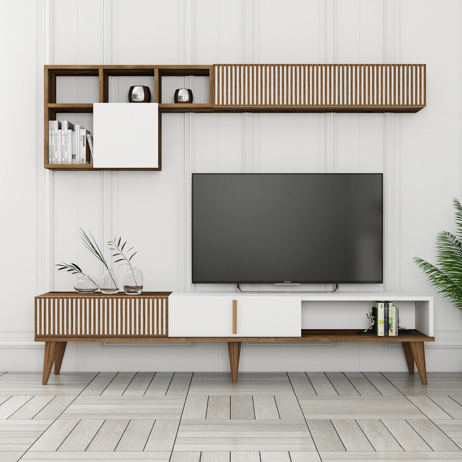 Móvel de TV elegante com prateleira de parede, nogueira e branco, 180 cm de largura | 100% revestido em melamina, 18 mm de espessura | Design funcional com pés de plástico e várias prateleiras