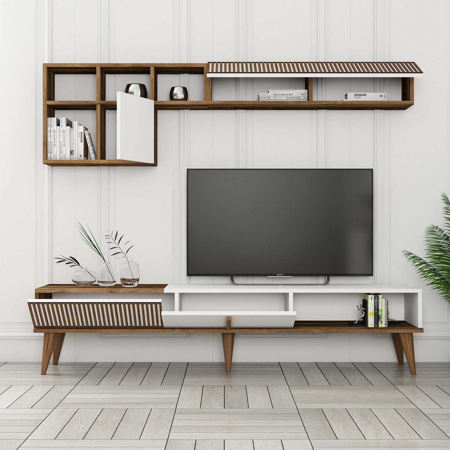 Móvel de TV elegante com prateleira de parede, nogueira e branco, 180 cm de largura | 100% revestido em melamina, 18 mm de espessura | Design funcional com pés de plástico e várias prateleiras