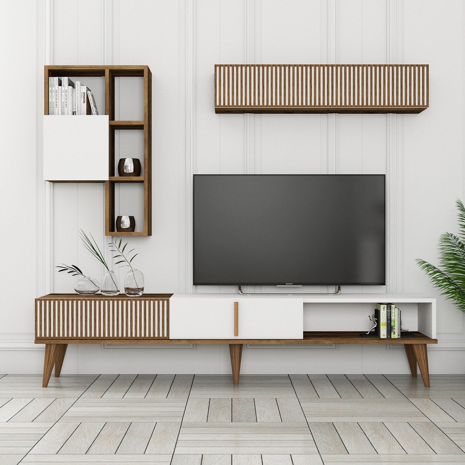 Móvel de TV elegante com prateleira de parede, nogueira e branco, 180 cm de largura | 100% revestido em melamina, 18 mm de espessura | Design funcional com pés de plástico e várias prateleiras