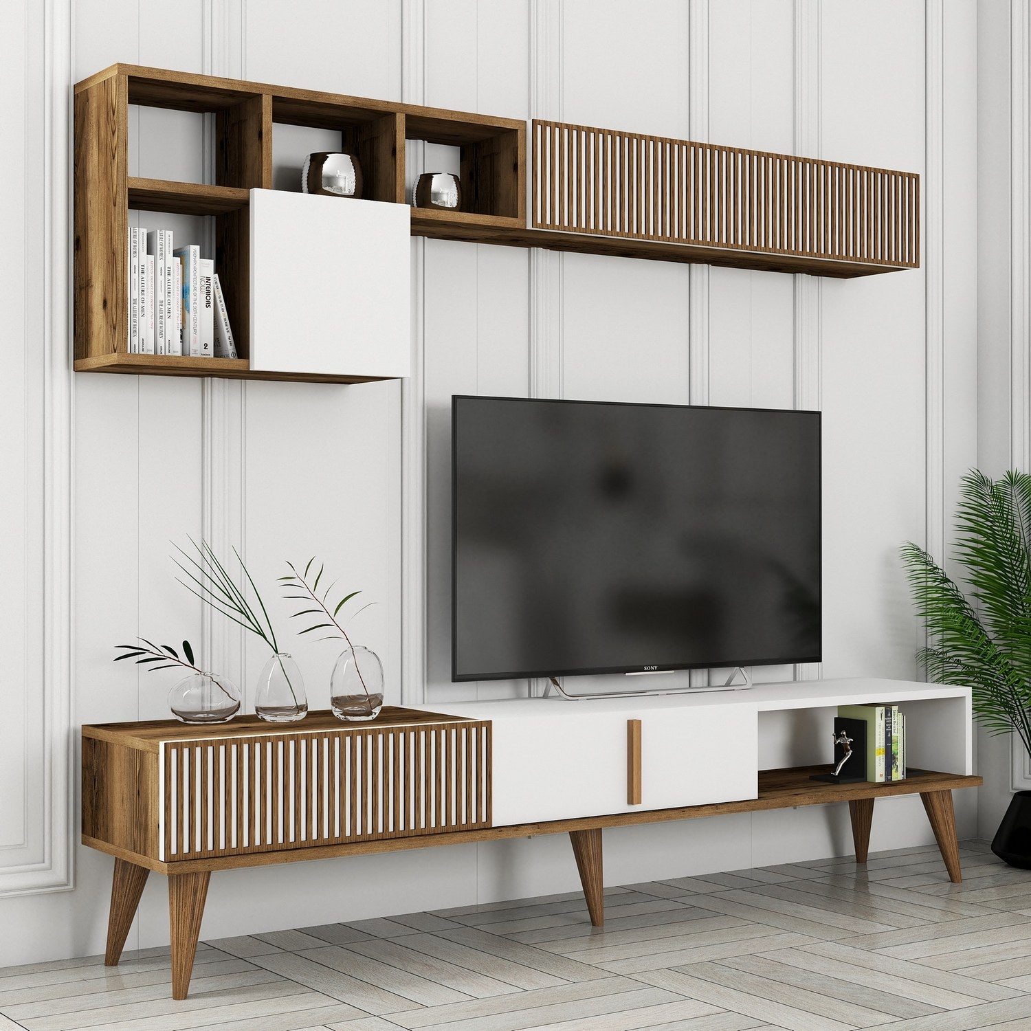 Móvel de TV elegante com prateleira de parede, nogueira e branco, 180 cm de largura | 100% revestido em melamina, 18 mm de espessura | Design funcional com pés de plástico e várias prateleiras