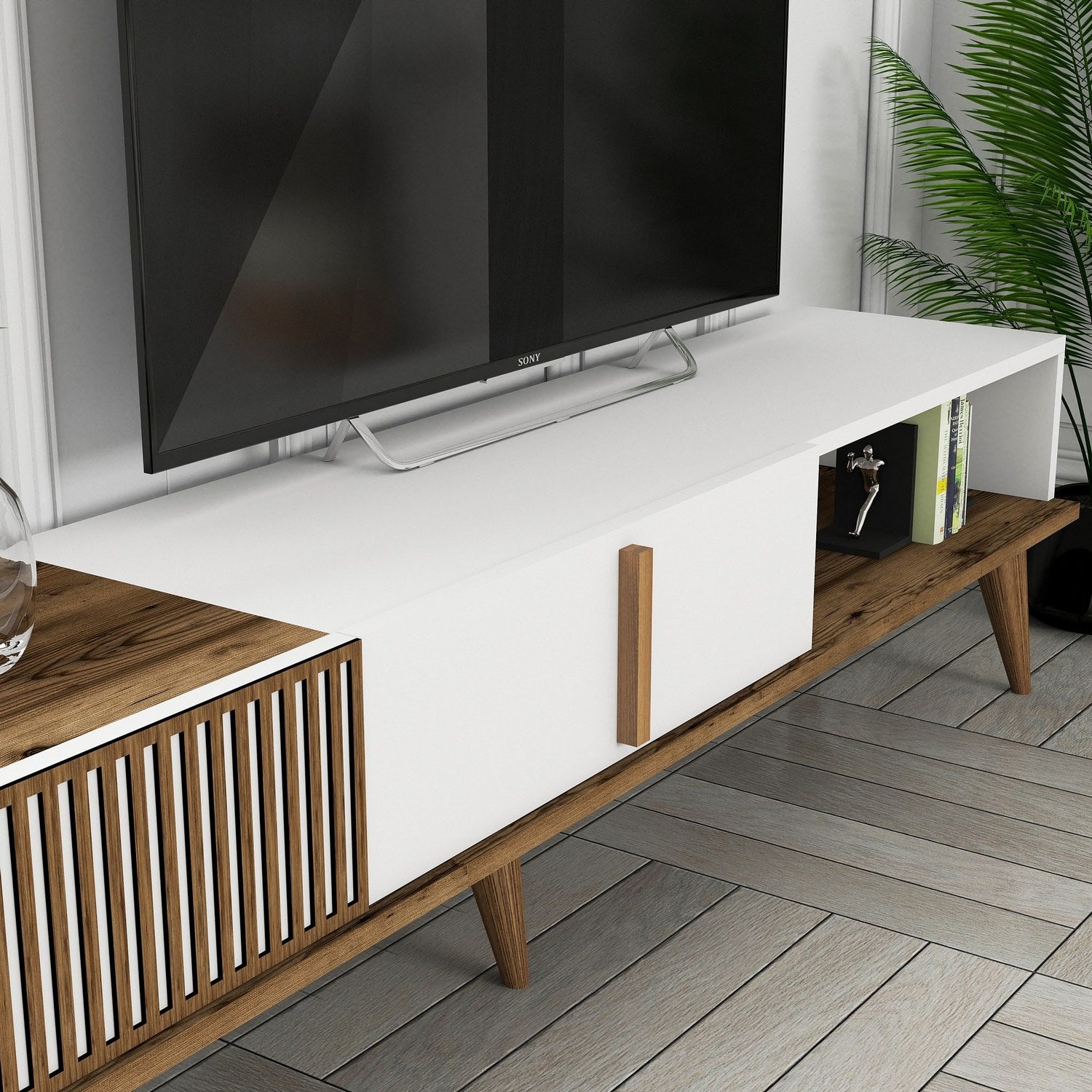 Móvel de TV elegante com prateleira de parede, nogueira e branco, 180 cm de largura | 100% revestido em melamina, 18 mm de espessura | Design funcional com pés de plástico e várias prateleiras