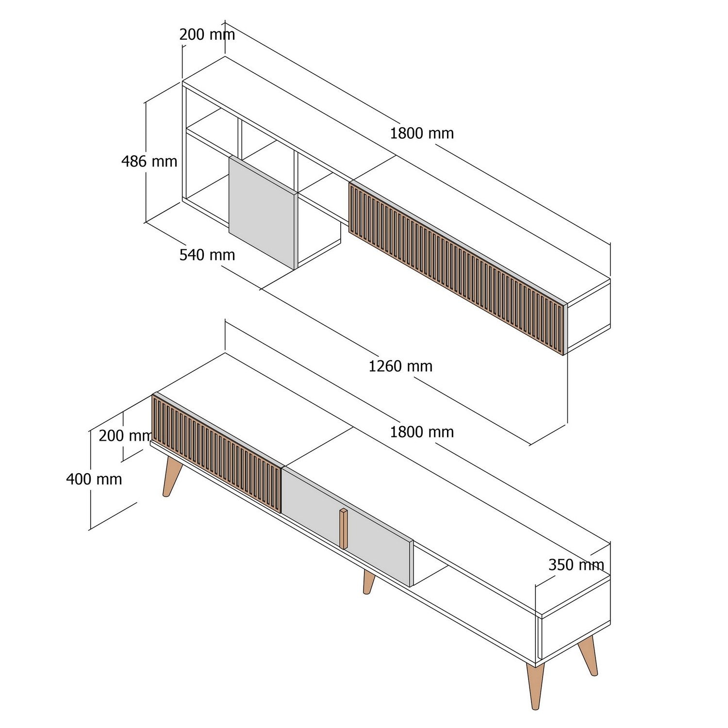 Móvel de TV elegante com prateleira de parede, nogueira e branco, 180 cm de largura | 100% revestido em melamina, 18 mm de espessura | Design funcional com pés de plástico e várias prateleiras