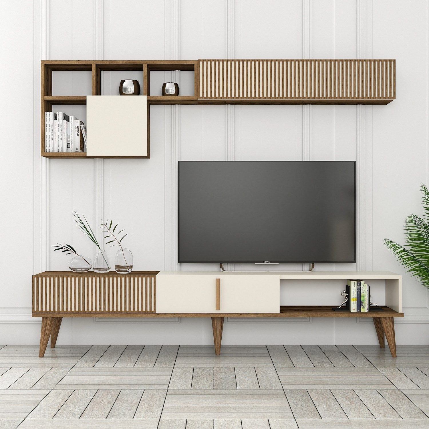 Móvel de TV elegante com prateleira de parede, nogueira e creme, 180 cm de largura | Painel de partículas 100% revestido de melamina, 18 mm de espessura | Design funcional com pés de plástico