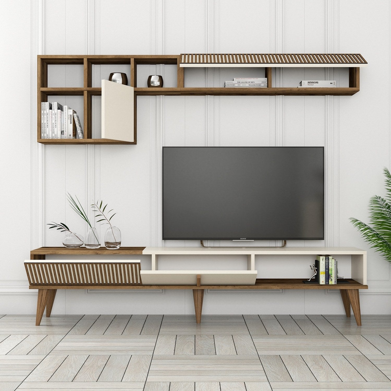Móvel de TV elegante com prateleira de parede, nogueira e creme, 180 cm de largura | Painel de partículas 100% revestido de melamina, 18 mm de espessura | Design funcional com pés de plástico