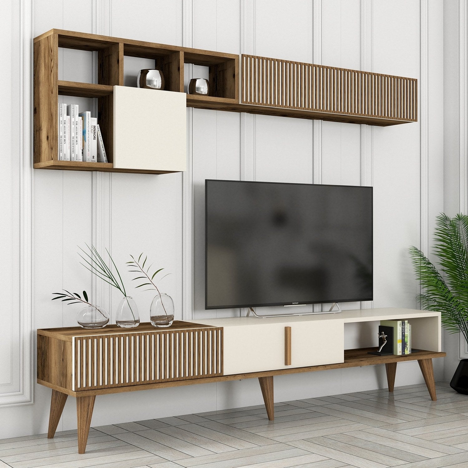 Móvel de TV elegante com prateleira de parede, nogueira e creme, 180 cm de largura | Painel de partículas 100% revestido de melamina, 18 mm de espessura | Design funcional com pés de plástico