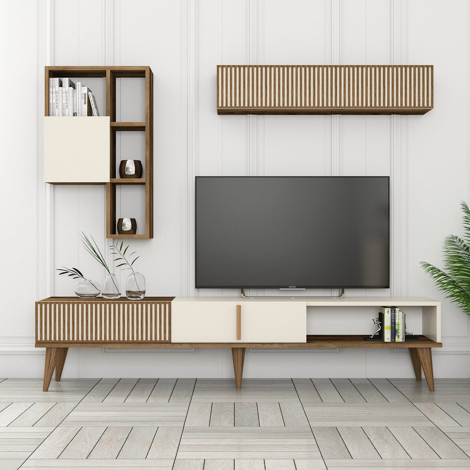 Móvel de TV elegante com prateleira de parede, nogueira e creme, 180 cm de largura | Painel de partículas 100% revestido de melamina, 18 mm de espessura | Design funcional com pés de plástico