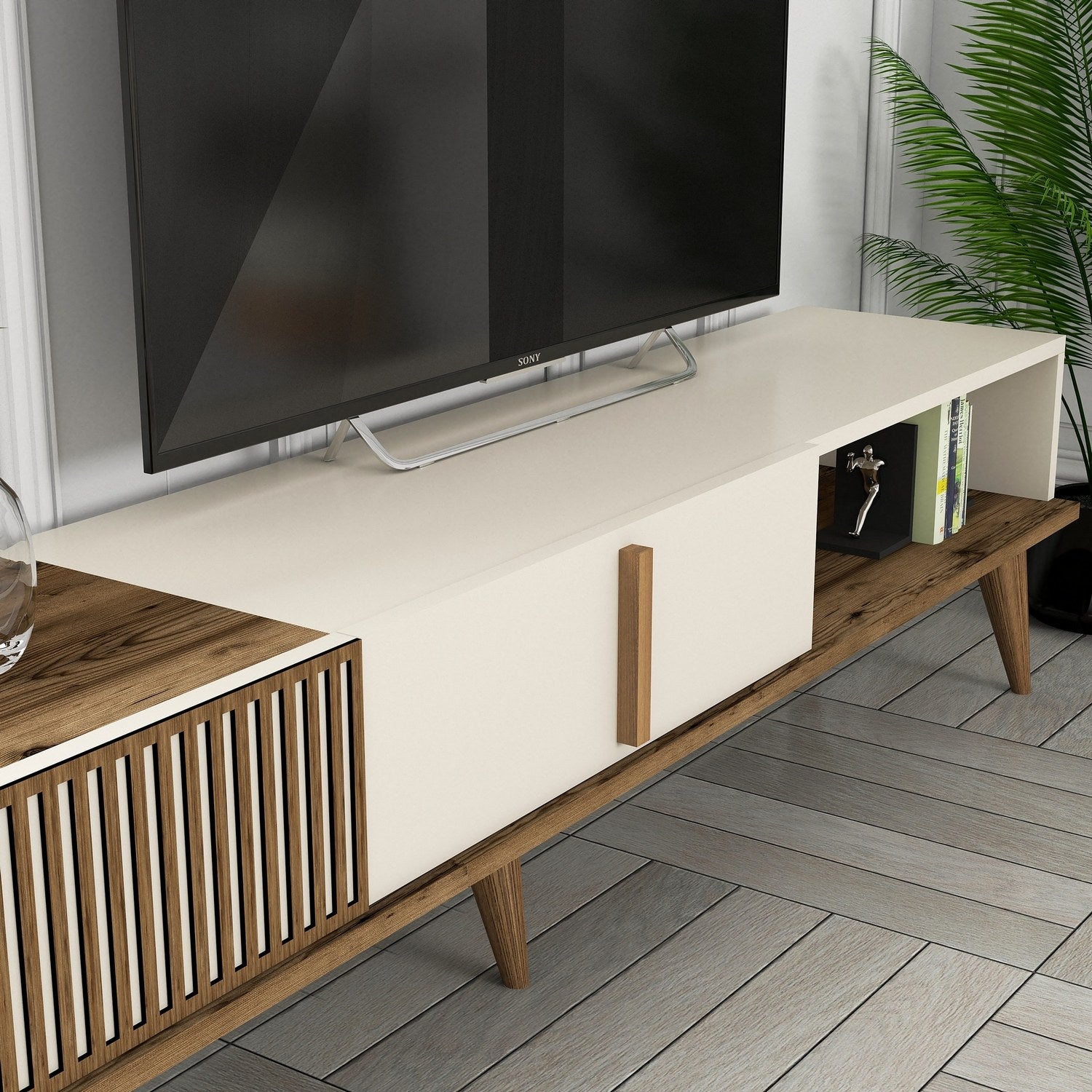 Móvel de TV elegante com prateleira de parede, nogueira e creme, 180 cm de largura | Painel de partículas 100% revestido de melamina, 18 mm de espessura | Design funcional com pés de plástico