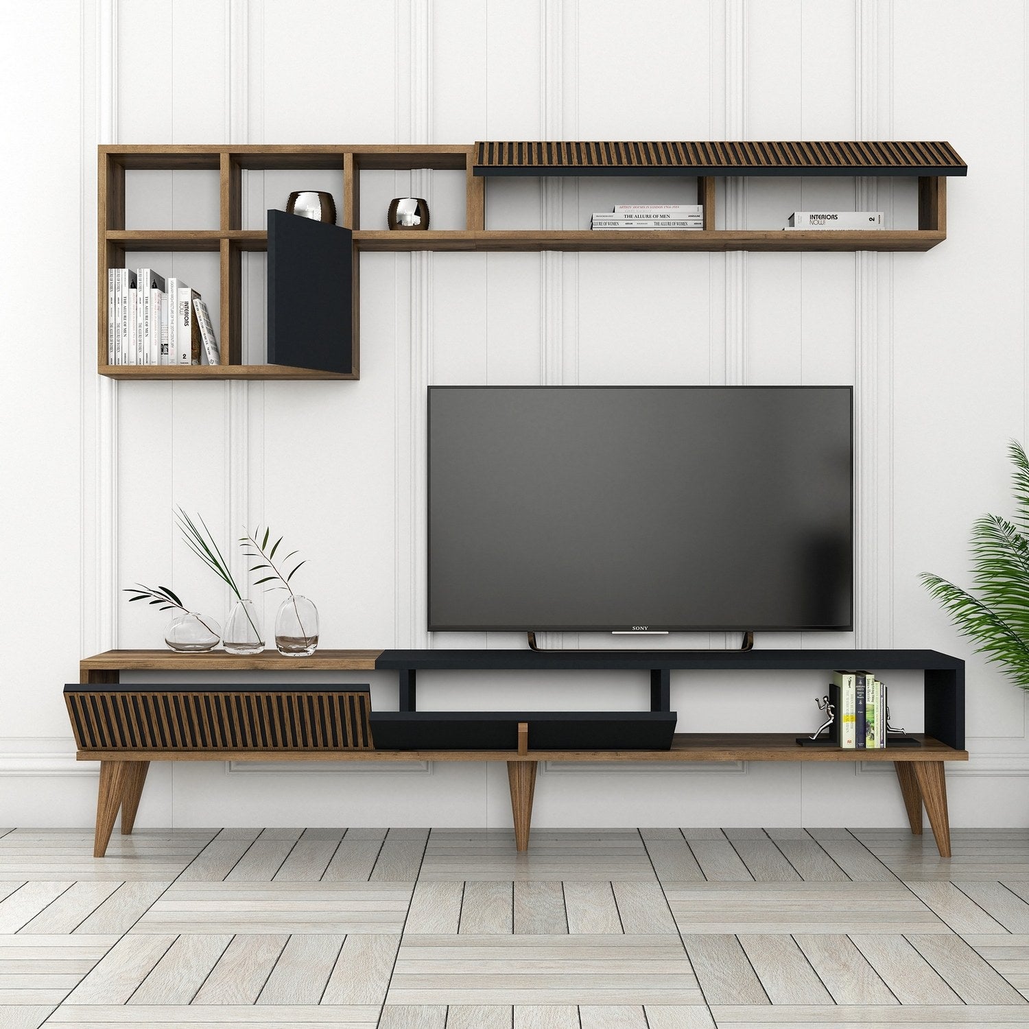 Móvel de TV elegante com prateleira de parede, nogueira e antracite, 180 cm de largura | 100% revestido em melamina, 18 mm de espessura | Design funcional com pés de plástico e várias prateleiras