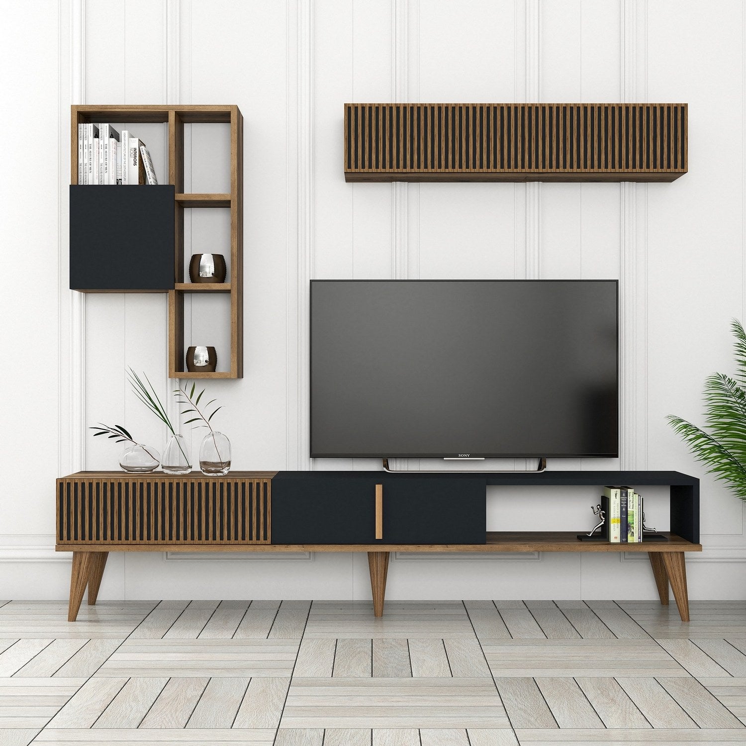 Móvel de TV elegante com prateleira de parede, nogueira e antracite, 180 cm de largura | 100% revestido em melamina, 18 mm de espessura | Design funcional com pés de plástico e várias prateleiras