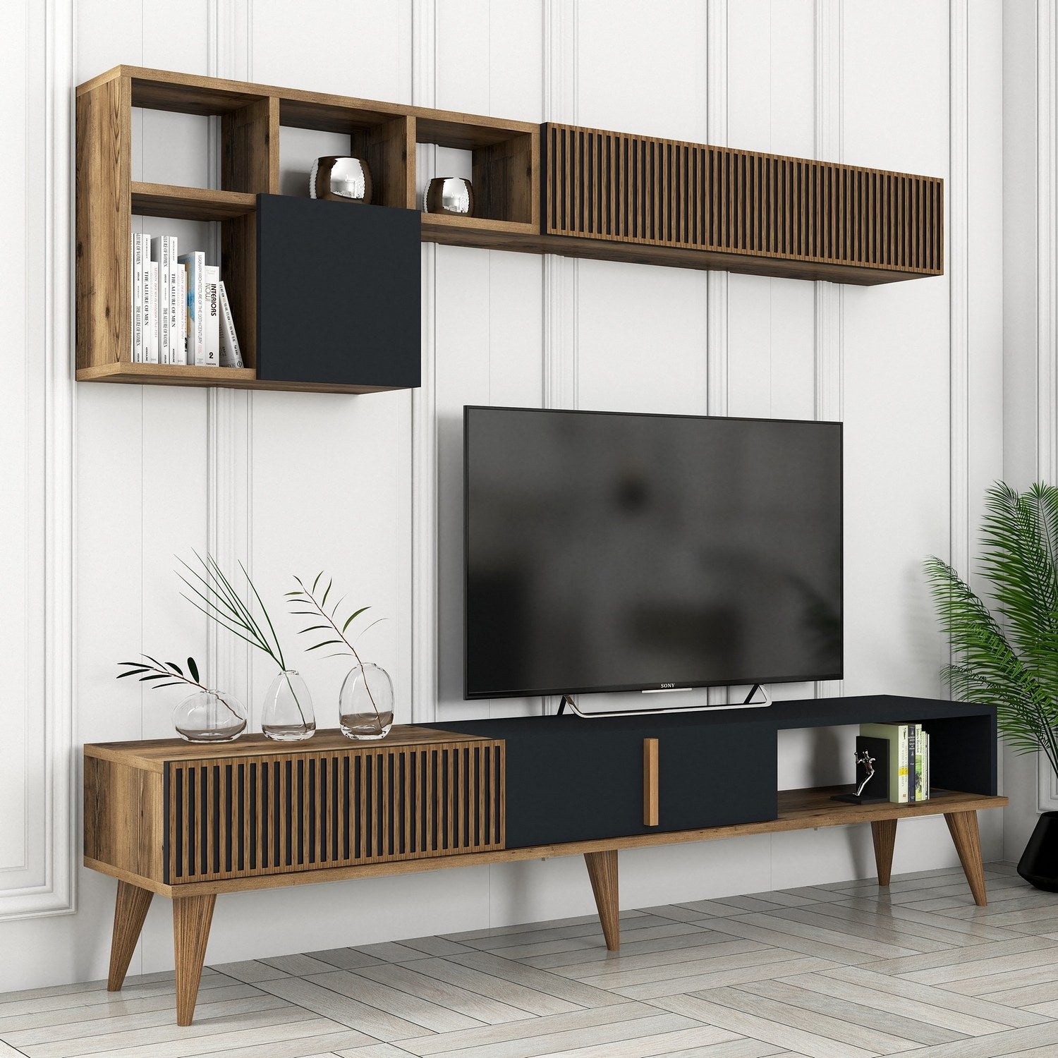 Móvel de TV elegante com prateleira de parede, nogueira e antracite, 180 cm de largura | 100% revestido em melamina, 18 mm de espessura | Design funcional com pés de plástico e várias prateleiras