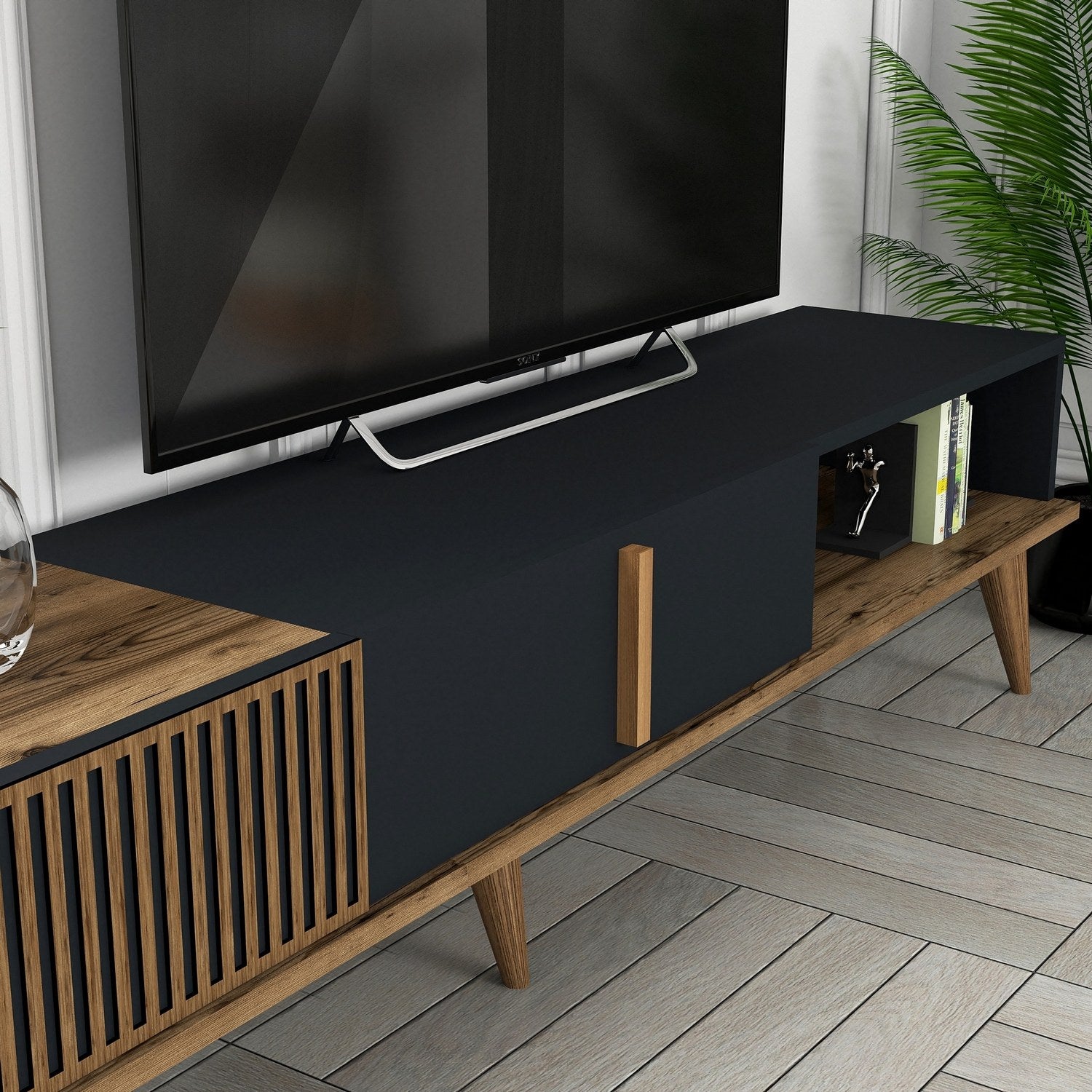 Móvel de TV elegante com prateleira de parede, nogueira e antracite, 180 cm de largura | 100% revestido em melamina, 18 mm de espessura | Design funcional com pés de plástico e várias prateleiras