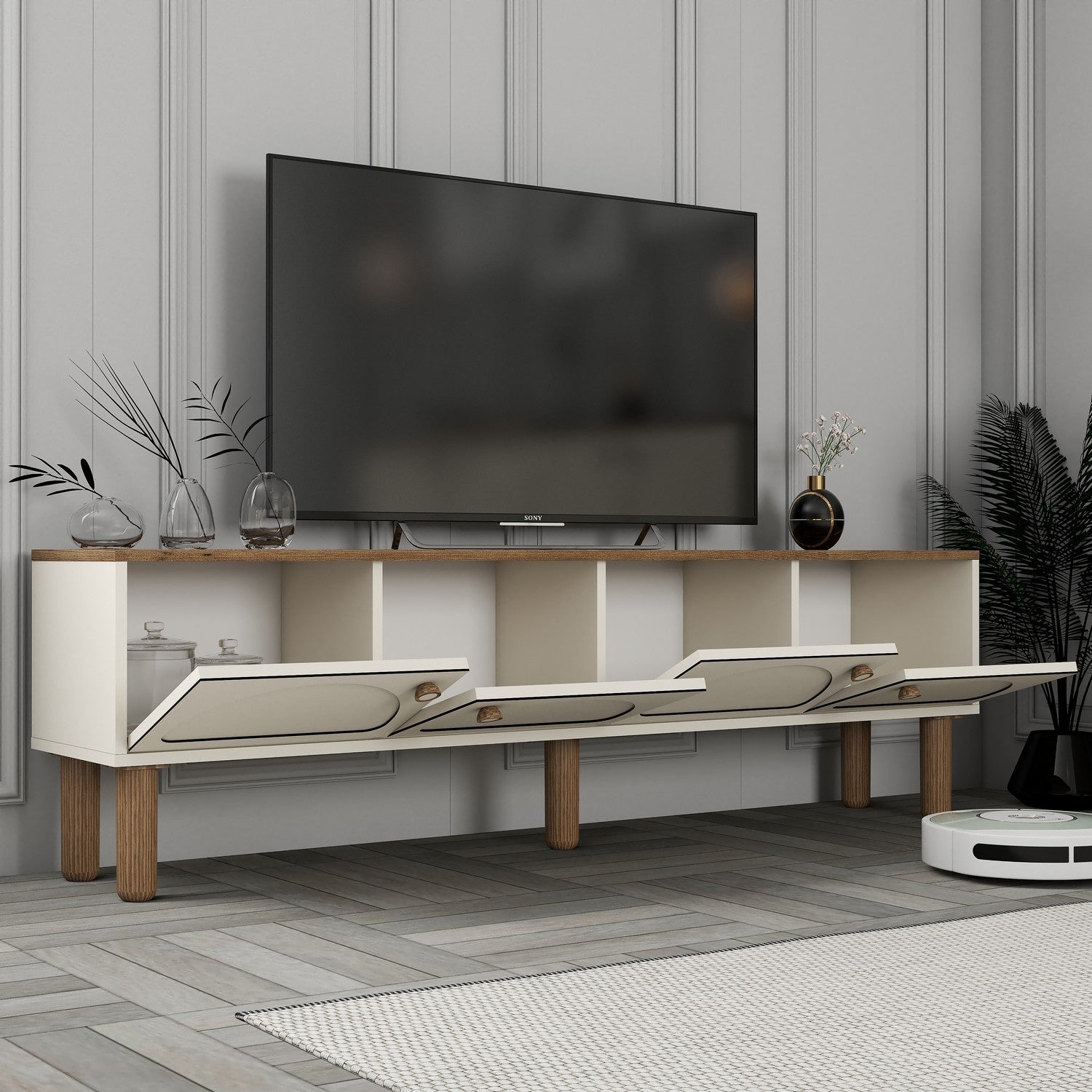 Móvel de TV – 180 cm x 53 cm x 35 cm – Creme – Painéis de partículas revestidos a melamina