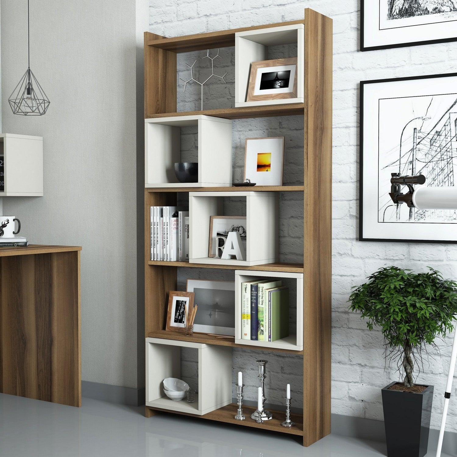 Estante de livros – 80 x 170 x 22 cm – Nogueira e Creme – Painéis de partículas revestidos a melamina